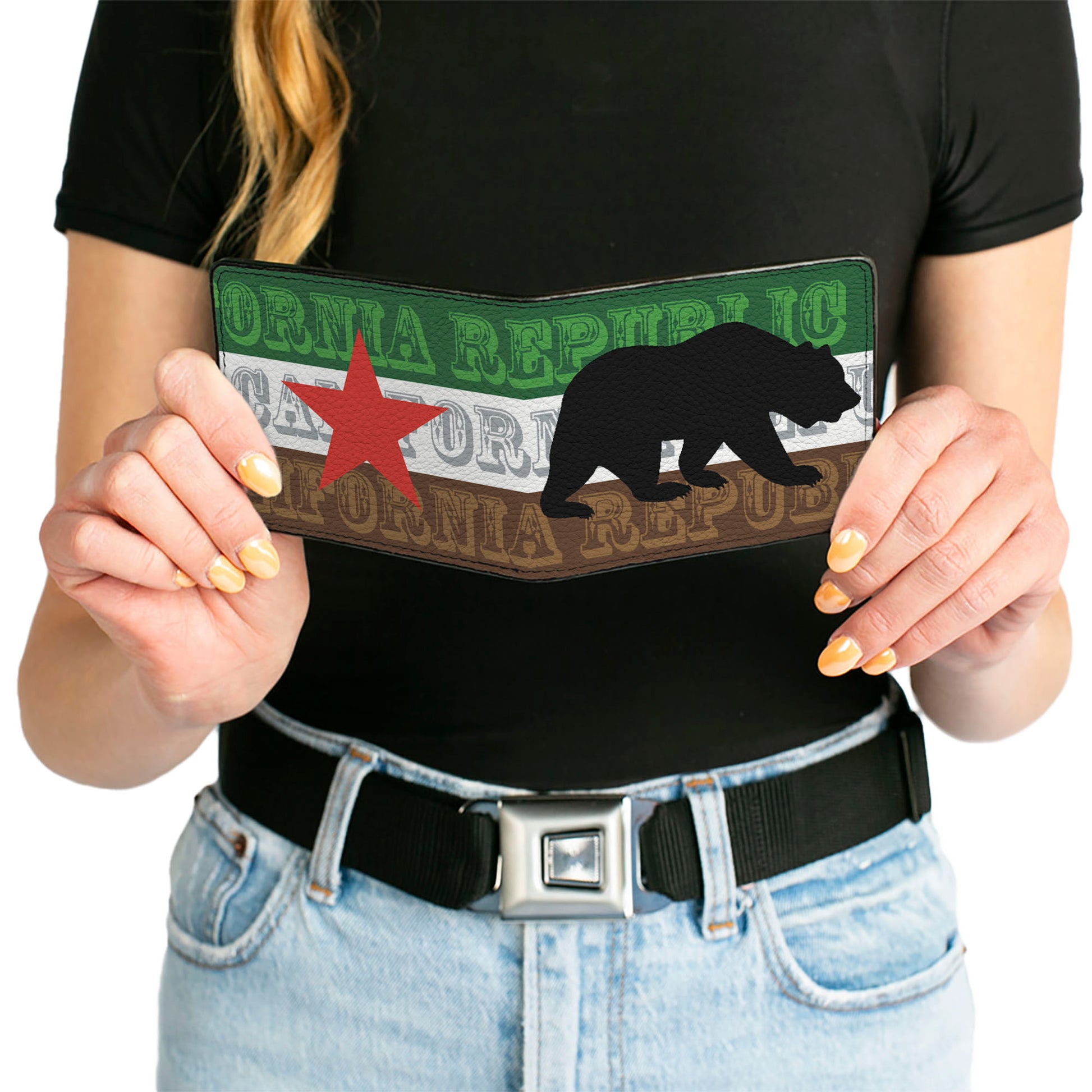 Bi-Fold Wallet - Cali Bear Silhouette & Star CALIFORNIA REPUBLIC Green White Brown Black Red Bi-Fold Wallets Buckle-Down