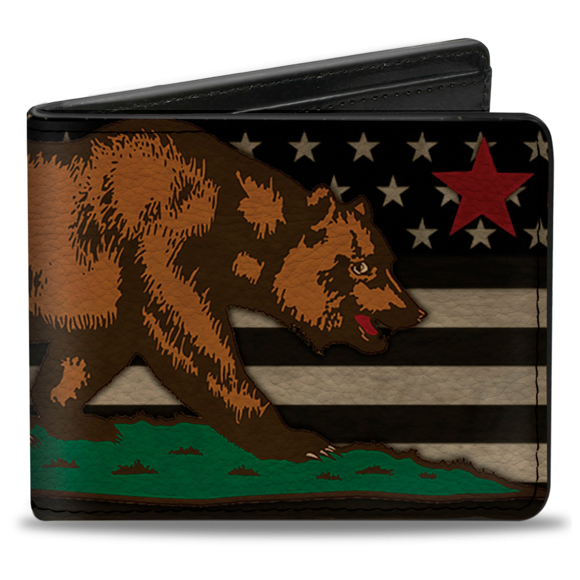 Bi-Fold Wallet - Cali Bear Star US Flag Stretch Black White Red Bi-Fold Wallets Buckle-Down
