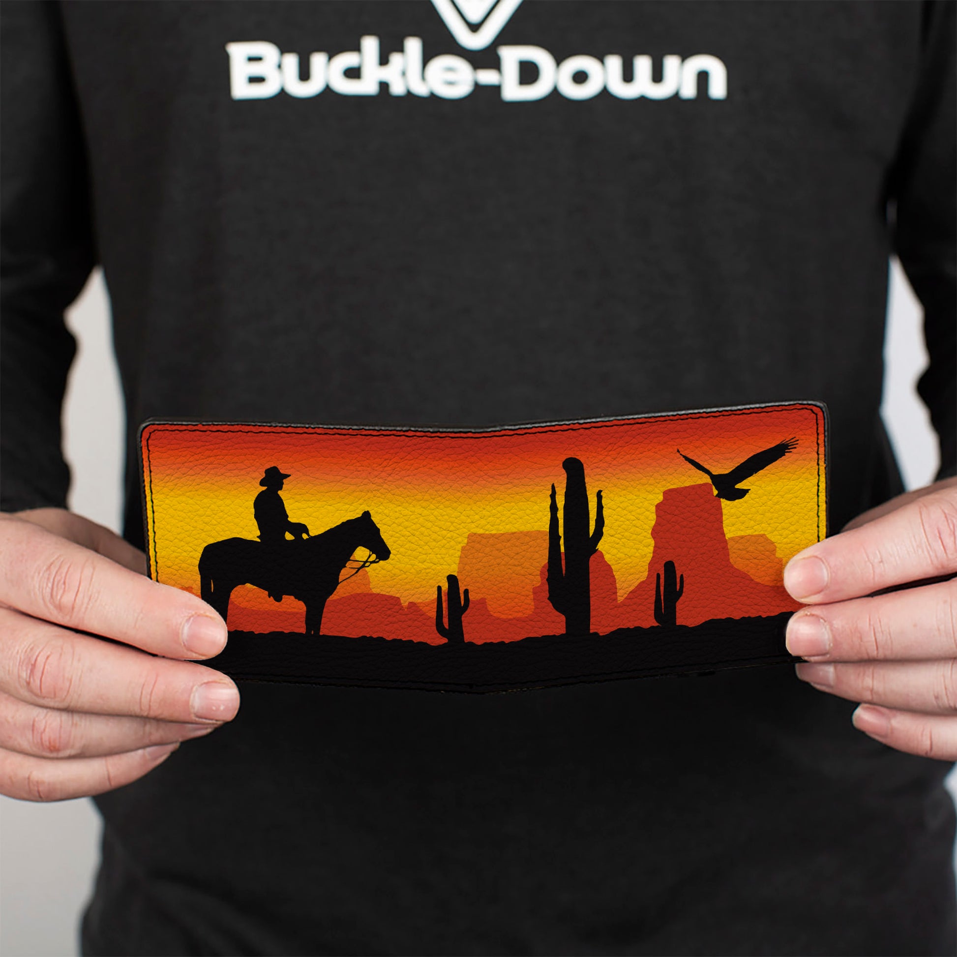 Bi-Fold Wallet - Cowboy Silhouette Western Landscape Reds Black Bi-Fold Wallets Buckle-Down