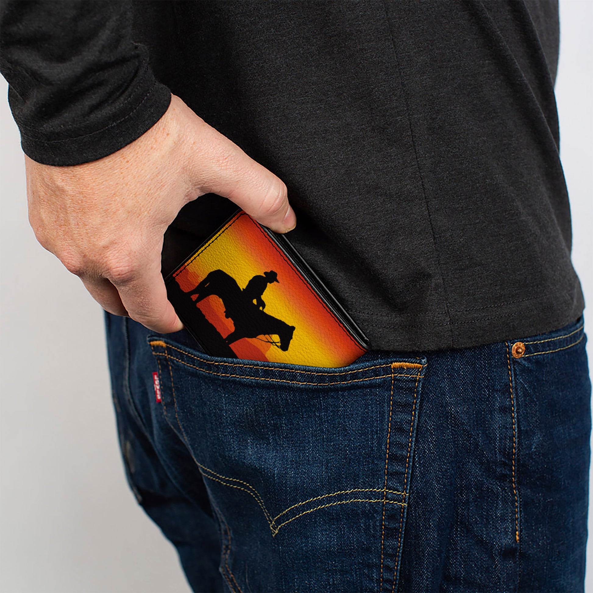 Bi-Fold Wallet - Cowboy Silhouette Western Landscape Reds Black Bi-Fold Wallets Buckle-Down