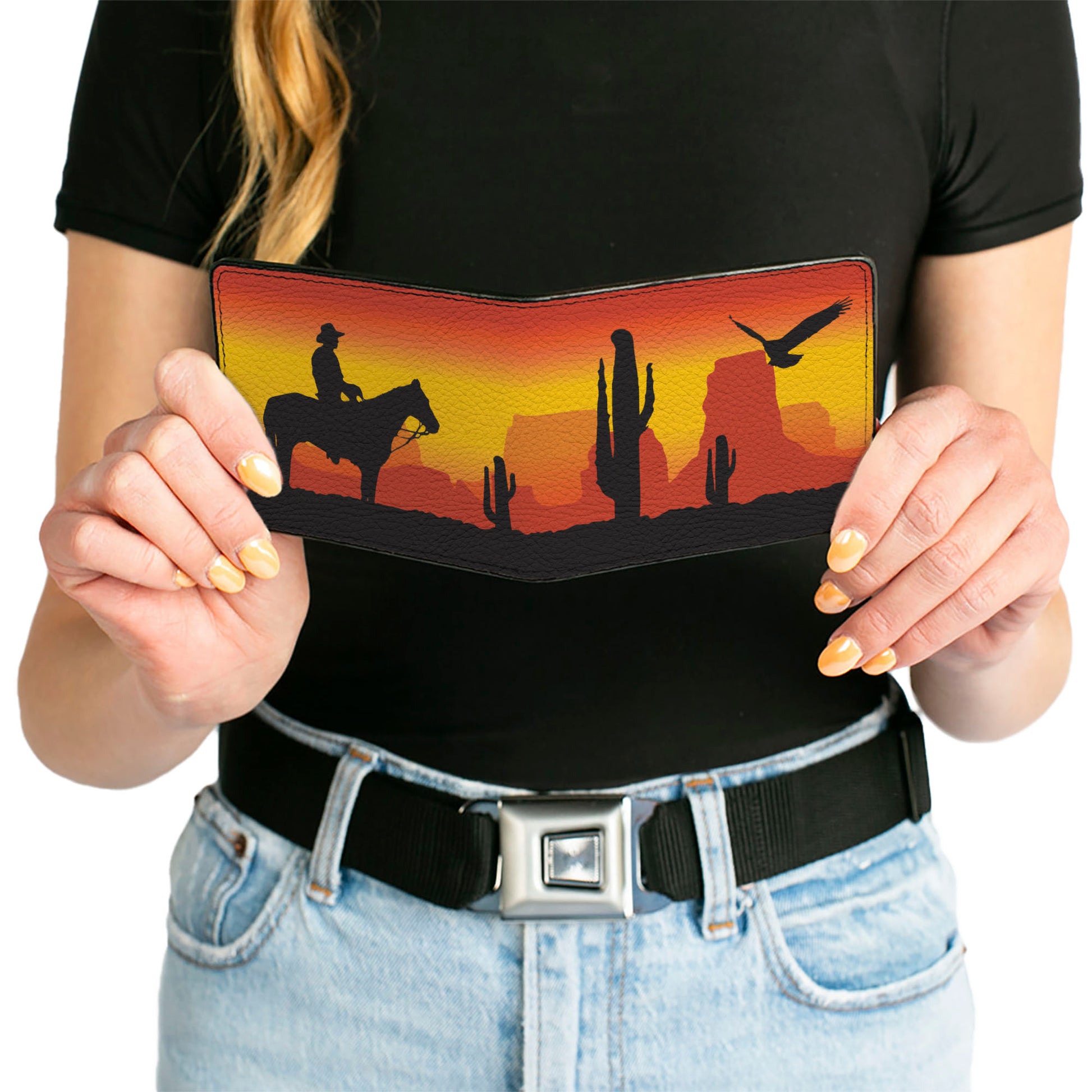 Bi-Fold Wallet - Cowboy Silhouette Western Landscape Reds Black Bi-Fold Wallets Buckle-Down