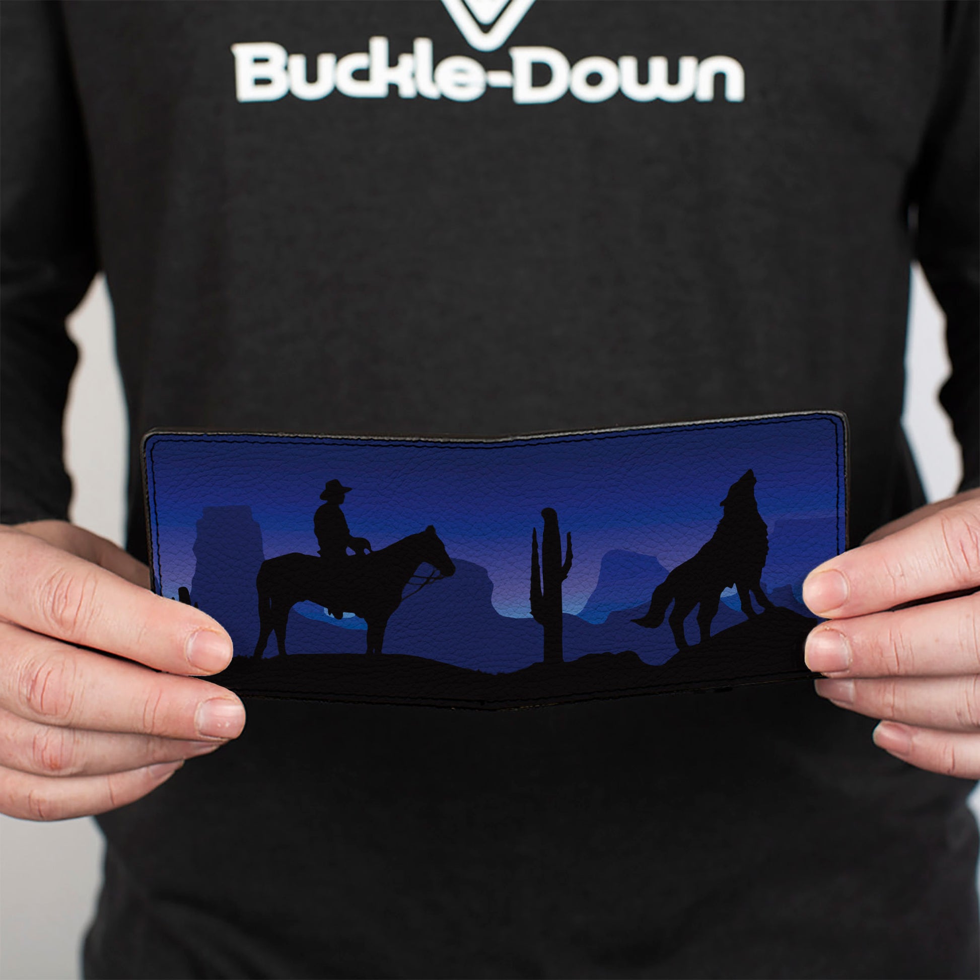 Bi-Fold Wallet - Cowboy Coyote Silhouettes Western Landscape Blues Black Bi-Fold Wallets Buckle-Down