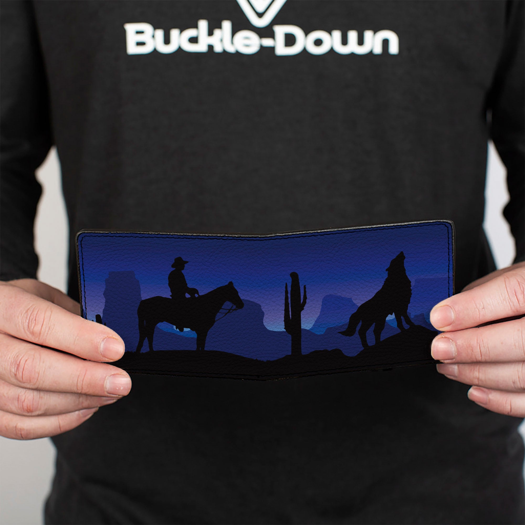 Bi-Fold Wallet - Cowboy Coyote Silhouettes Western Landscape Blues Black Bi-Fold Wallets Buckle-Down