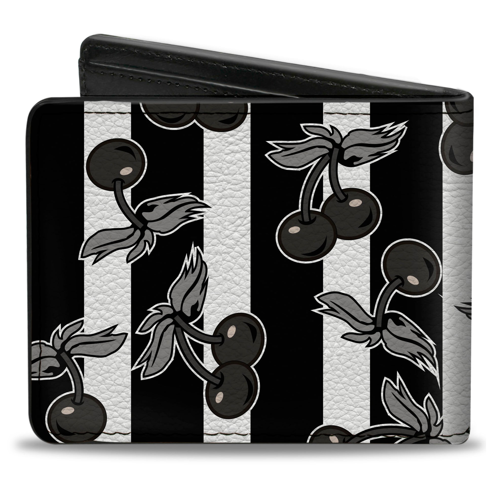 Bi-Fold Wallet - Cherries Scattered Vertical Stripe White Black Grays Bi-Fold Wallets Buckle-Down