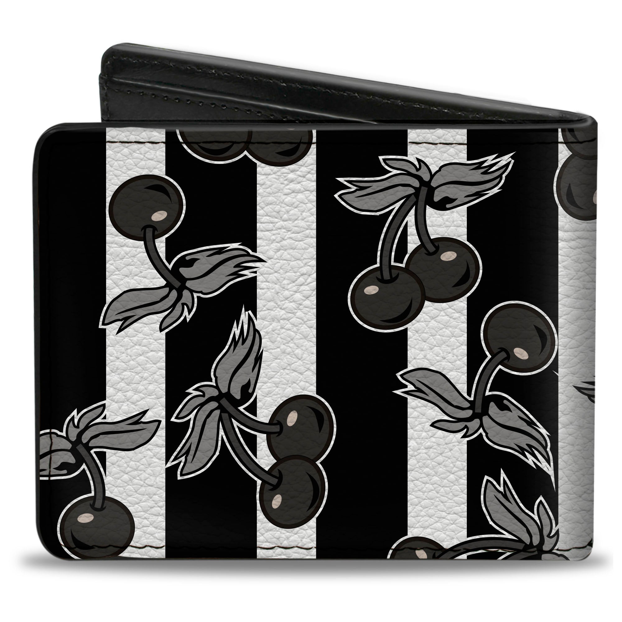 Bi-Fold Wallet - Cherries Scattered Vertical Stripe White Black Grays Bi-Fold Wallets Buckle-Down