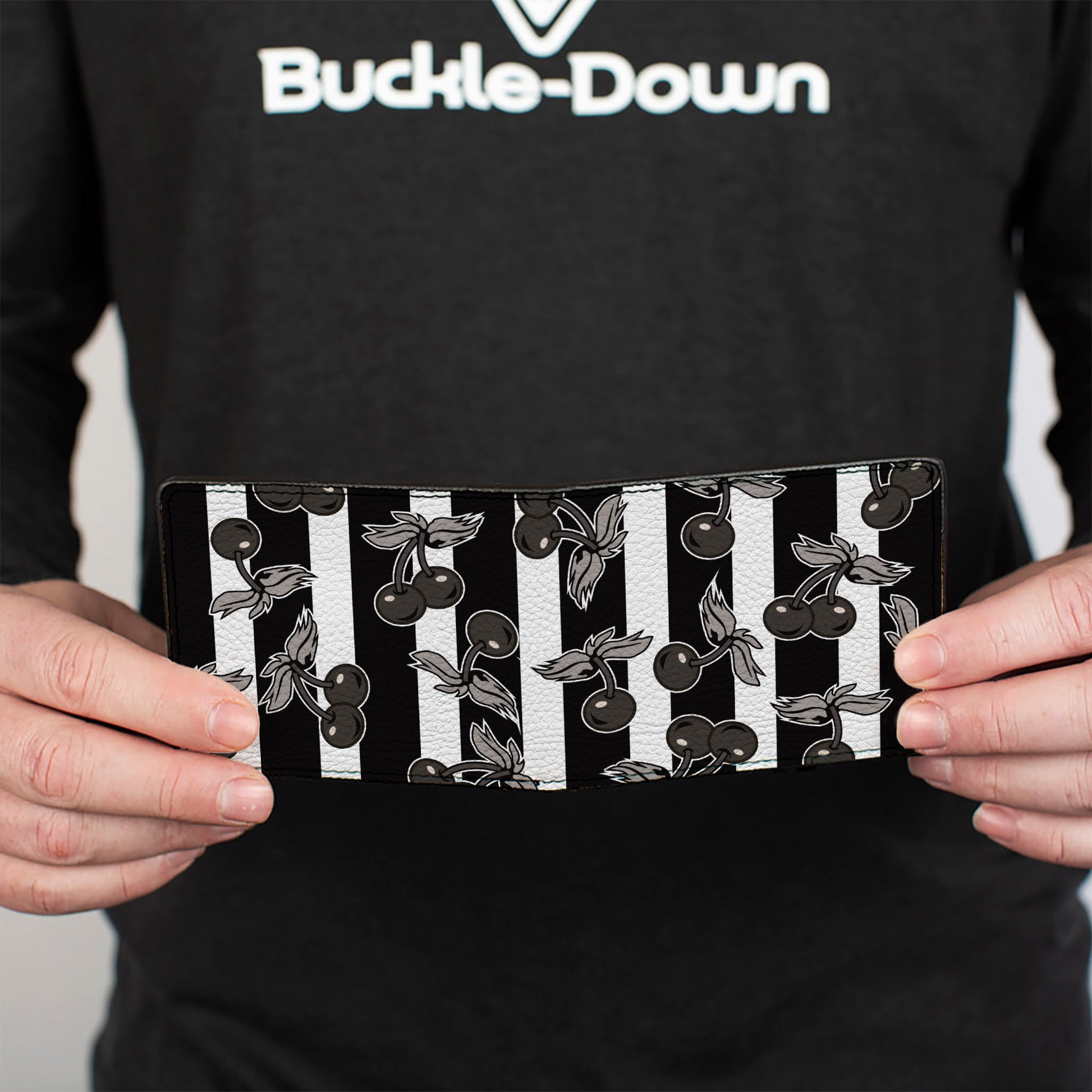 Bi-Fold Wallet - Cherries Scattered Vertical Stripe White Black Grays Bi-Fold Wallets Buckle-Down