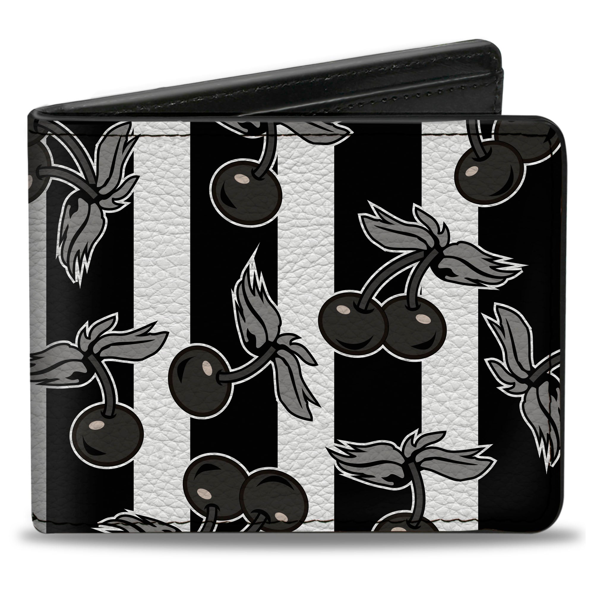 Bi-Fold Wallet - Cherries Scattered Vertical Stripe White Black Grays Bi-Fold Wallets Buckle-Down