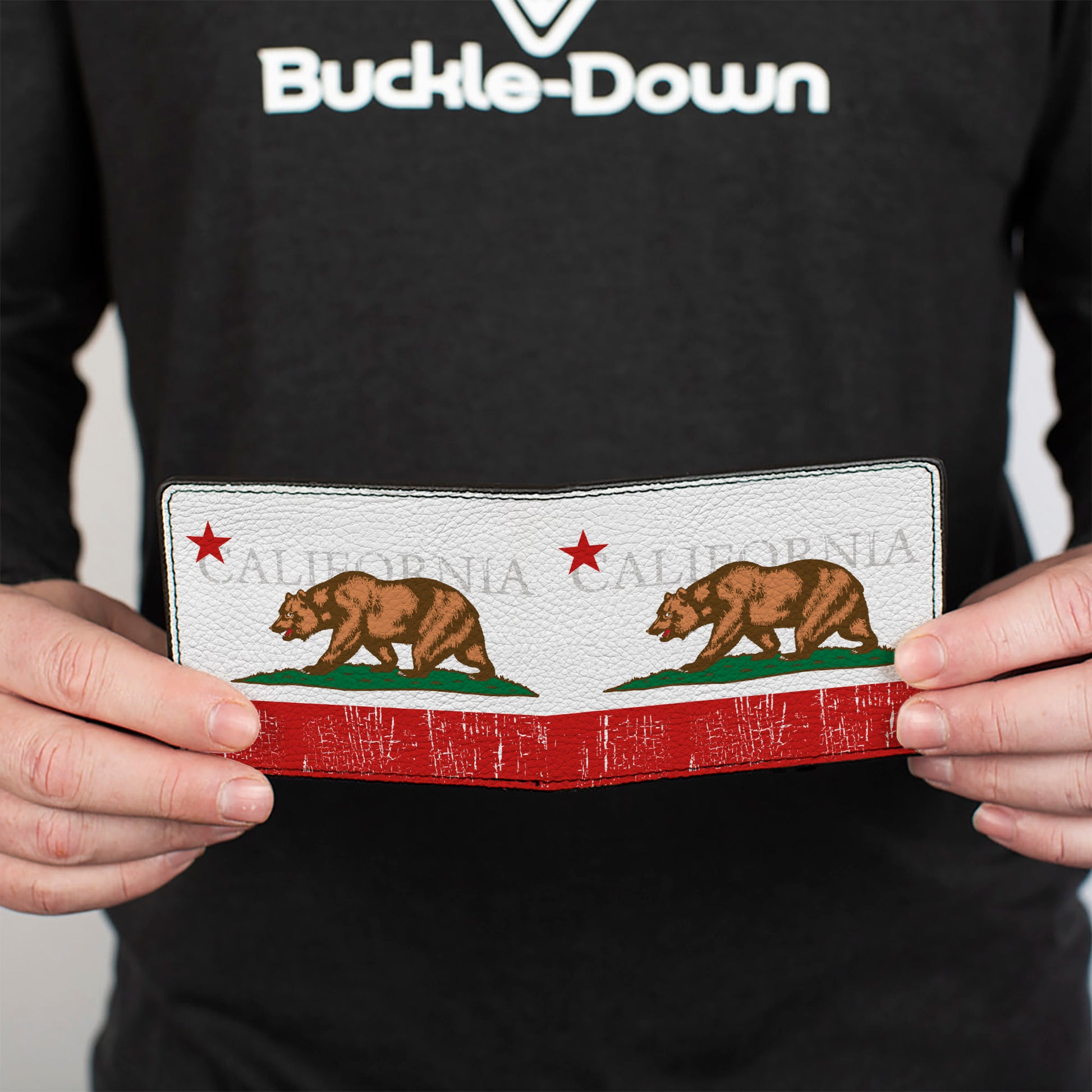 Bi-Fold Wallet - CALIFORNIA Bear Star Crackle Stripe White Gray Red Bi-Fold Wallets Buckle-Down