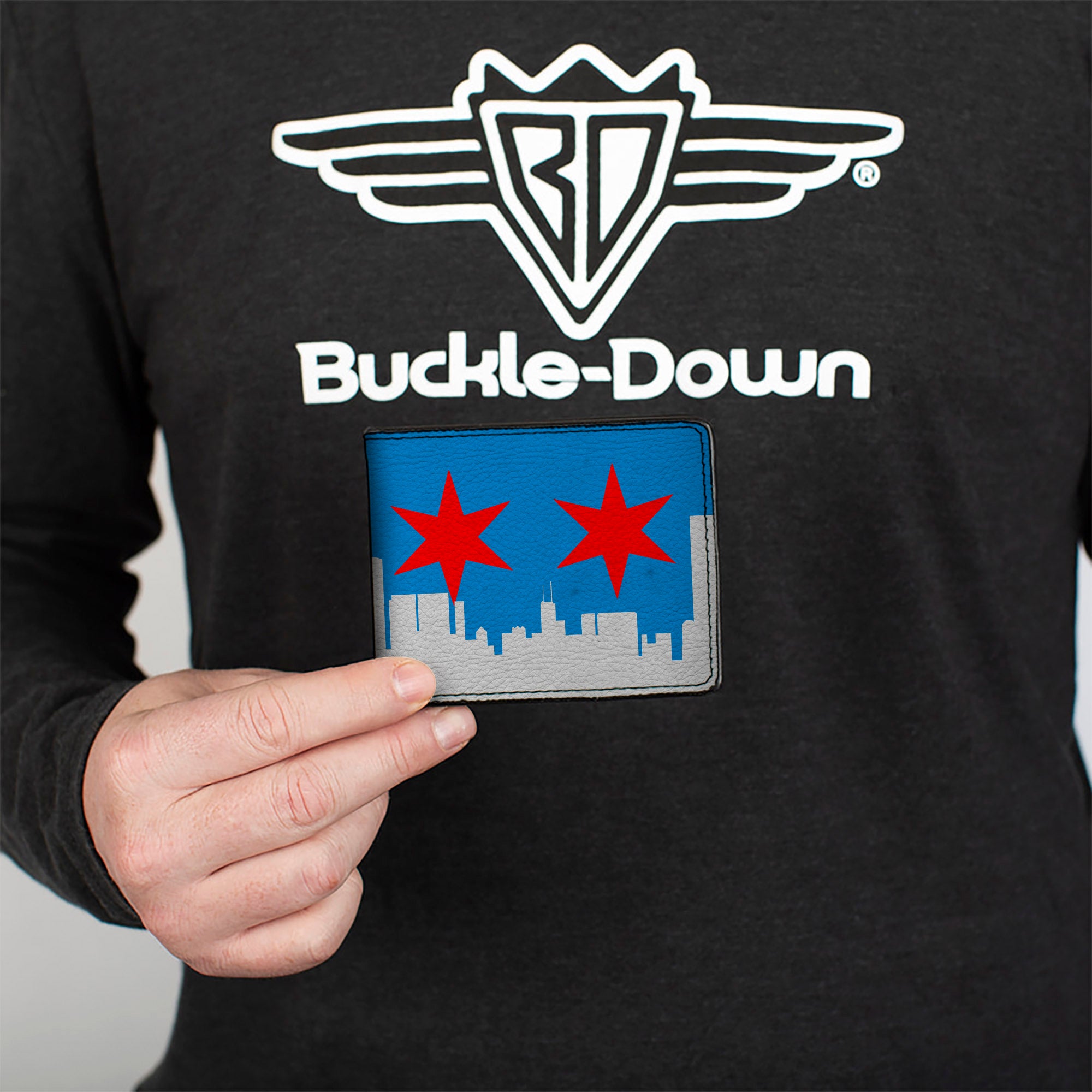 Bi-Fold Wallet - Chicago Skyline Flag Distressed Black White Red Bi-Fold Wallets Buckle-Down