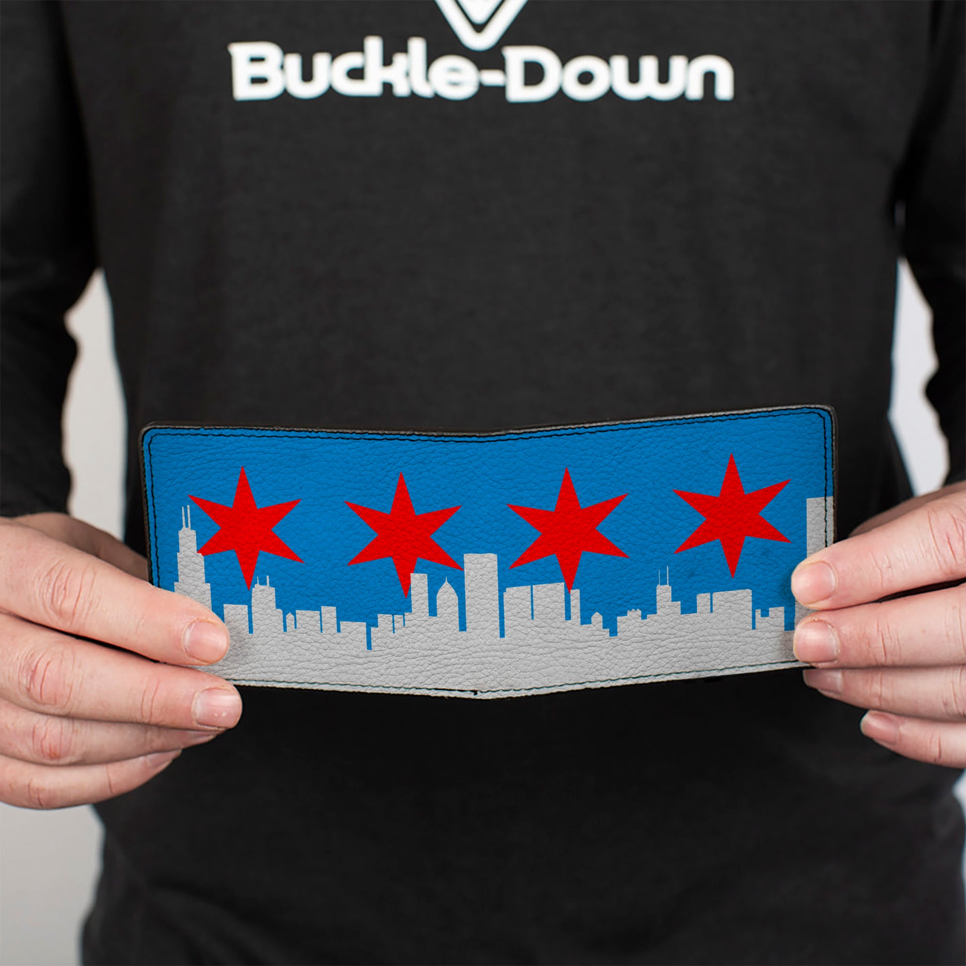Bi-Fold Wallet - Chicago Skyline Flag Distressed Black White Red Bi-Fold Wallets Buckle-Down