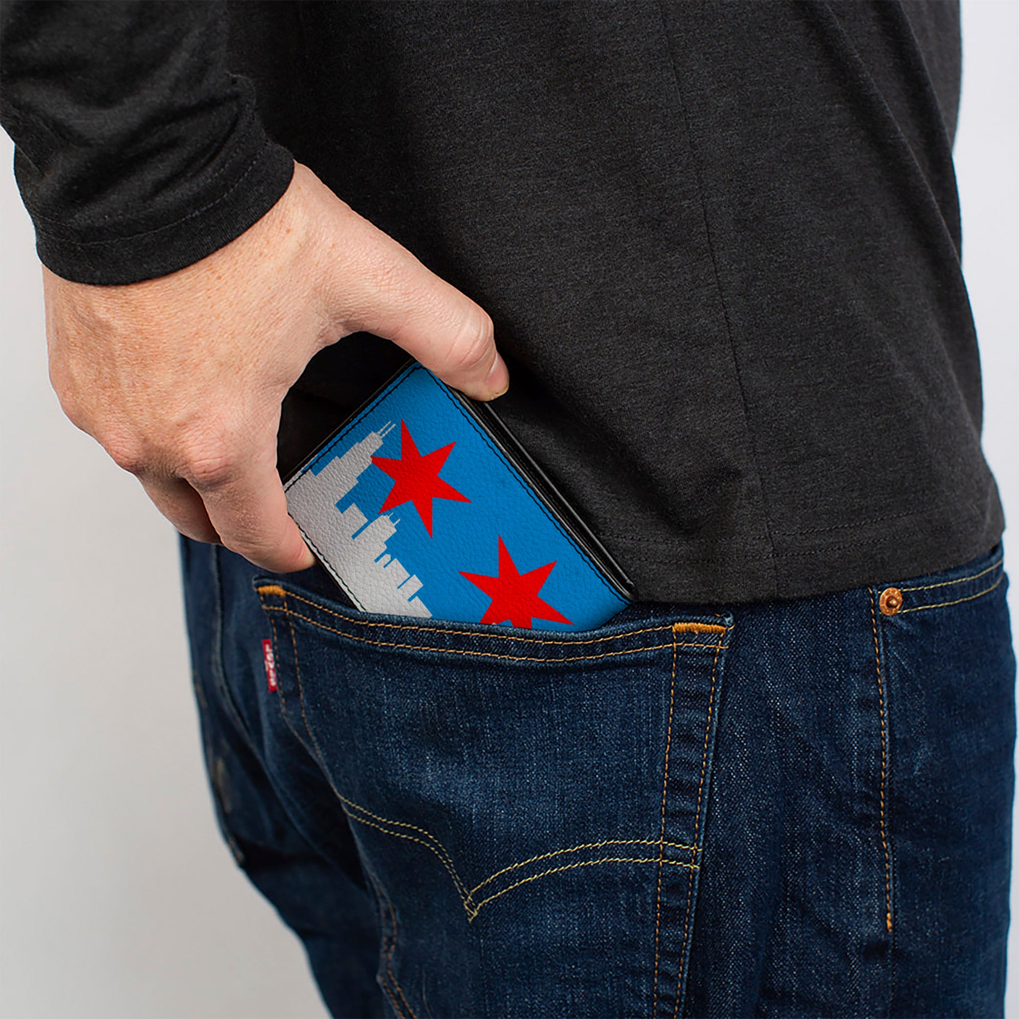 Bi-Fold Wallet - Chicago Skyline Flag Distressed Black White Red Bi-Fold Wallets Buckle-Down