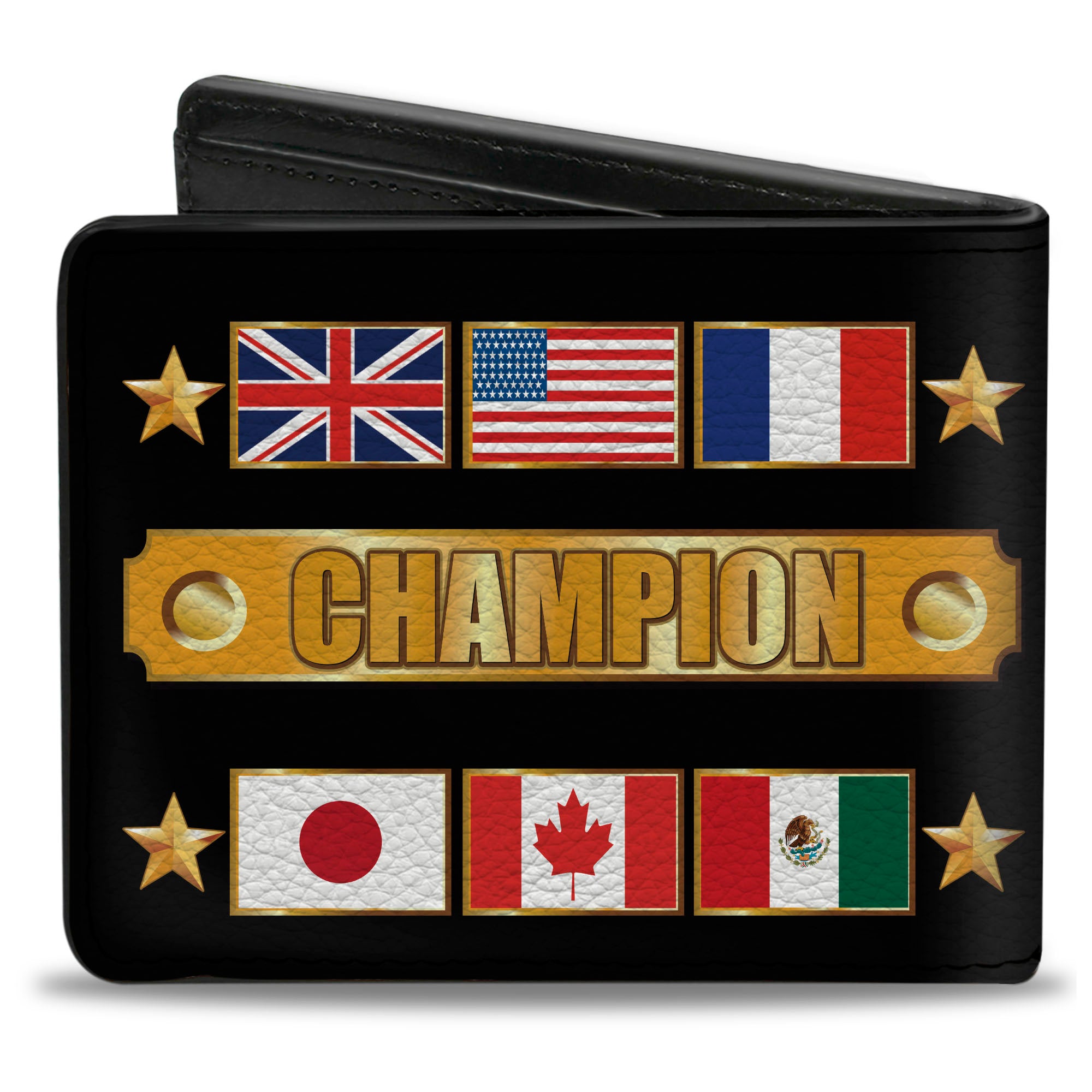 Bi-Fold Wallet - CHAMPION Belt Flags Stars Black Golds Bi-Fold Wallets Buckle-Down