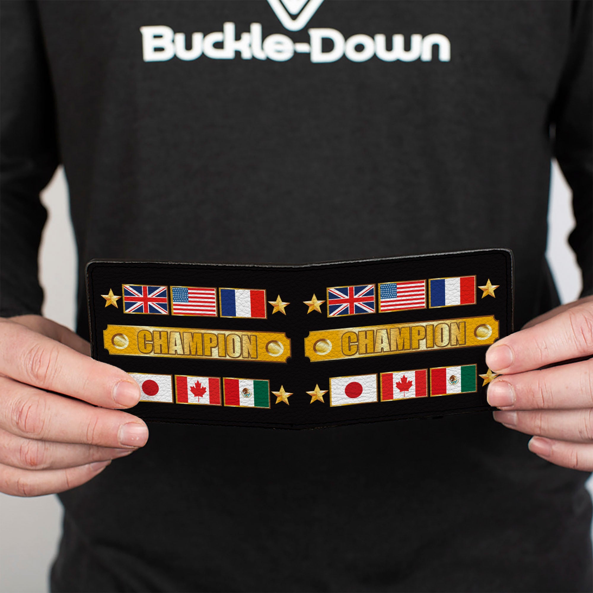 Bi-Fold Wallet - CHAMPION Belt Flags Stars Black Golds Bi-Fold Wallets Buckle-Down