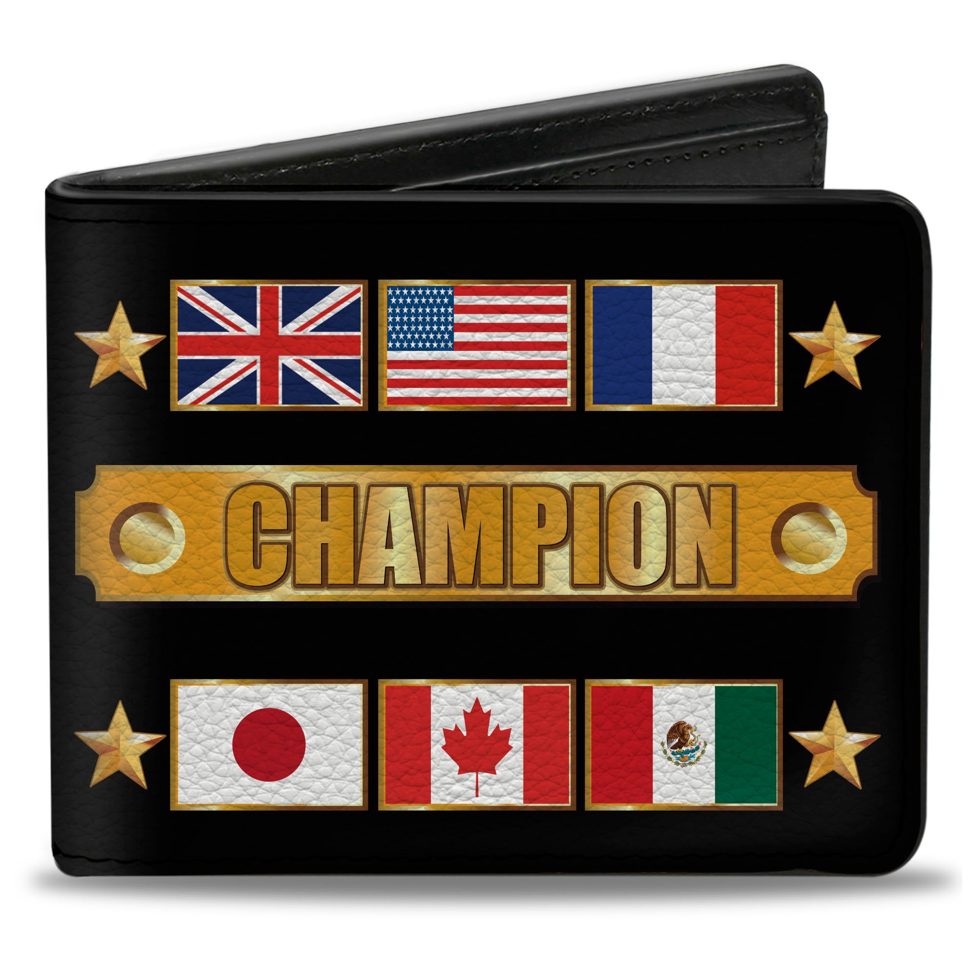 Bi-Fold Wallet - CHAMPION Belt Flags Stars Black Golds Bi-Fold Wallets Buckle-Down