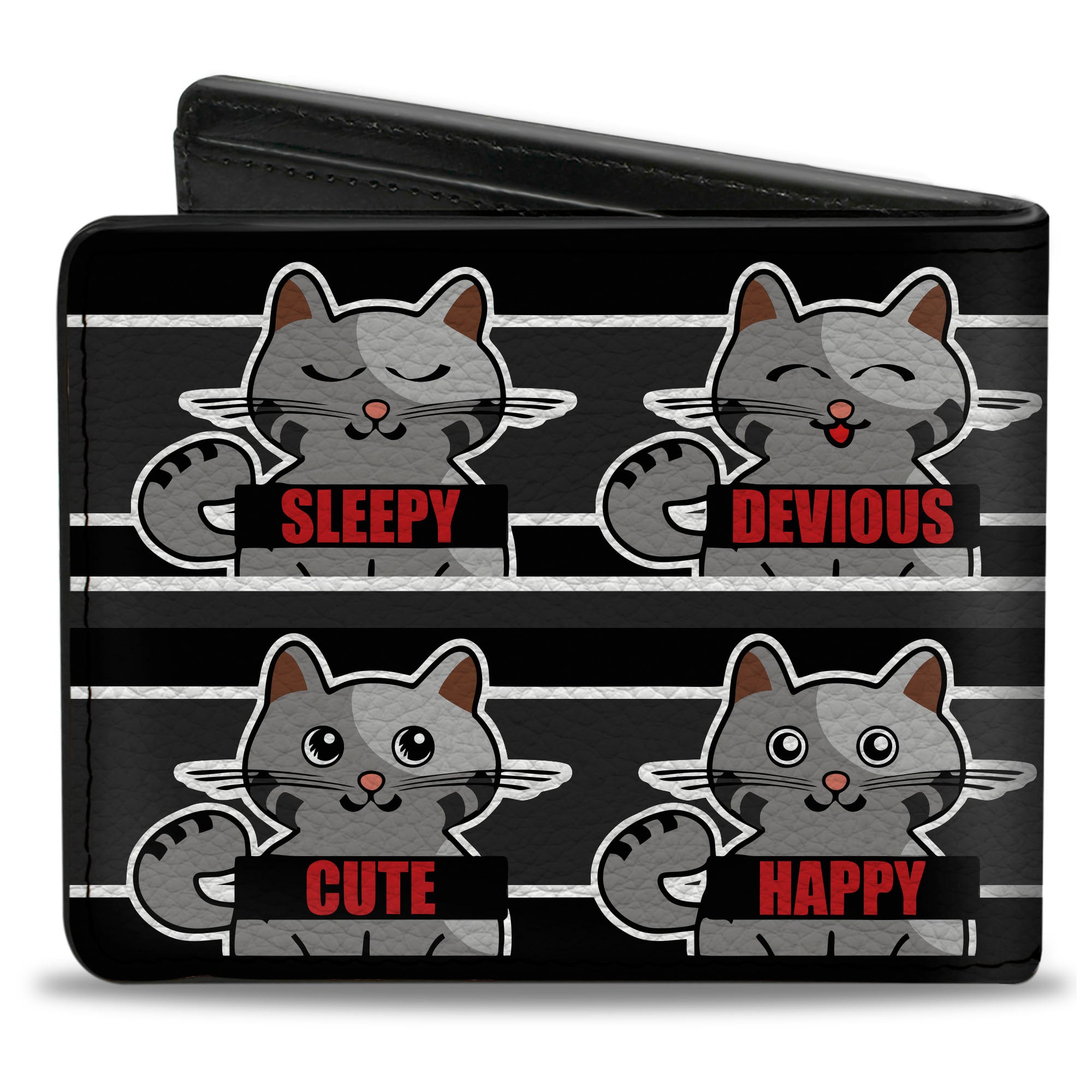 Bi-Fold Wallet - Cat 6-Mood Poses Stripe Black White Grays Bi-Fold Wallets Buckle-Down