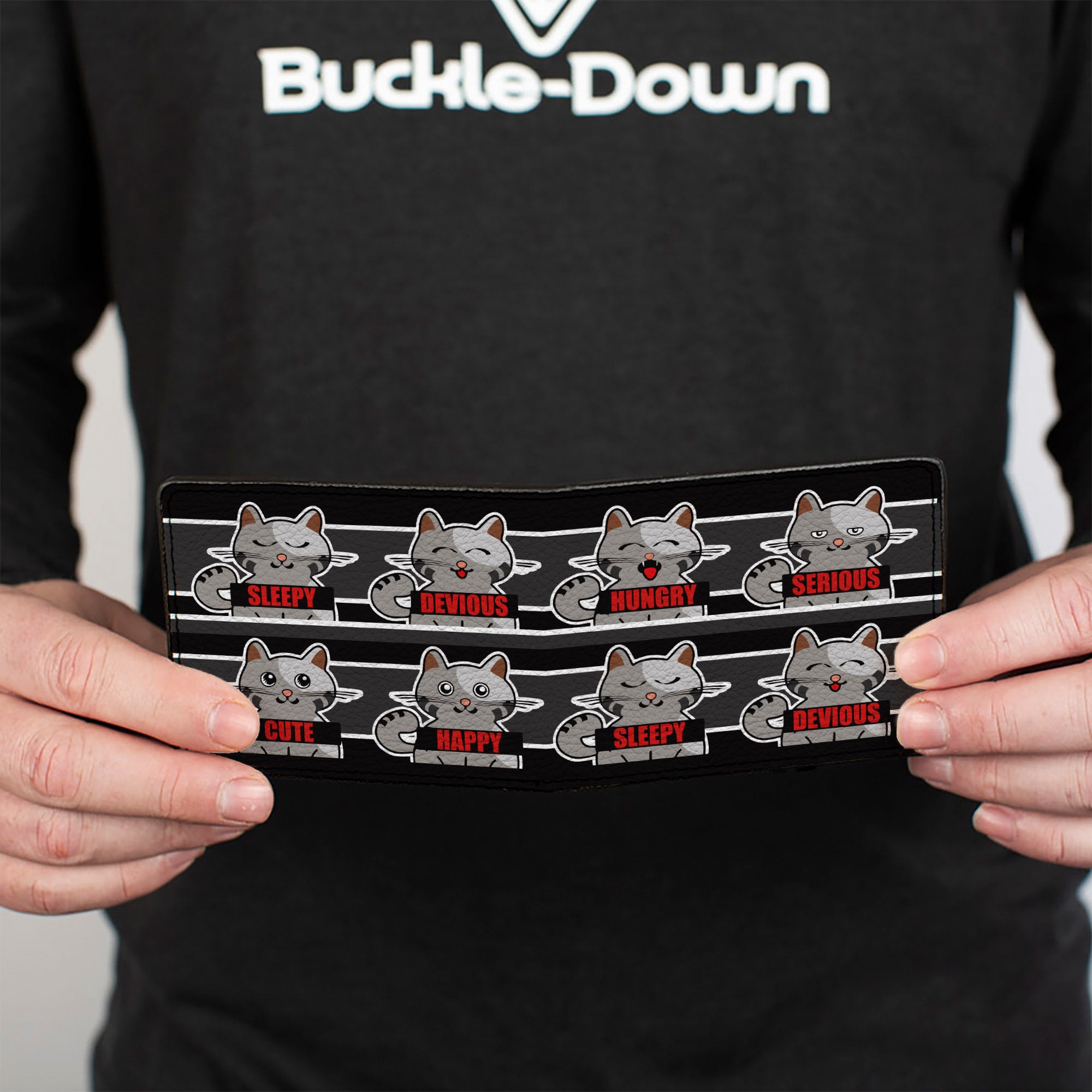 Bi-Fold Wallet - Cat 6-Mood Poses Stripe Black White Grays Bi-Fold Wallets Buckle-Down