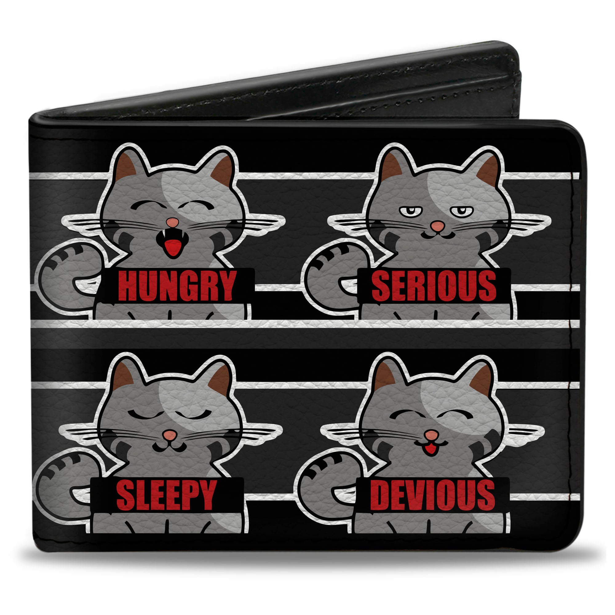 Bi-Fold Wallet - Cat 6-Mood Poses Stripe Black White Grays Bi-Fold Wallets Buckle-Down