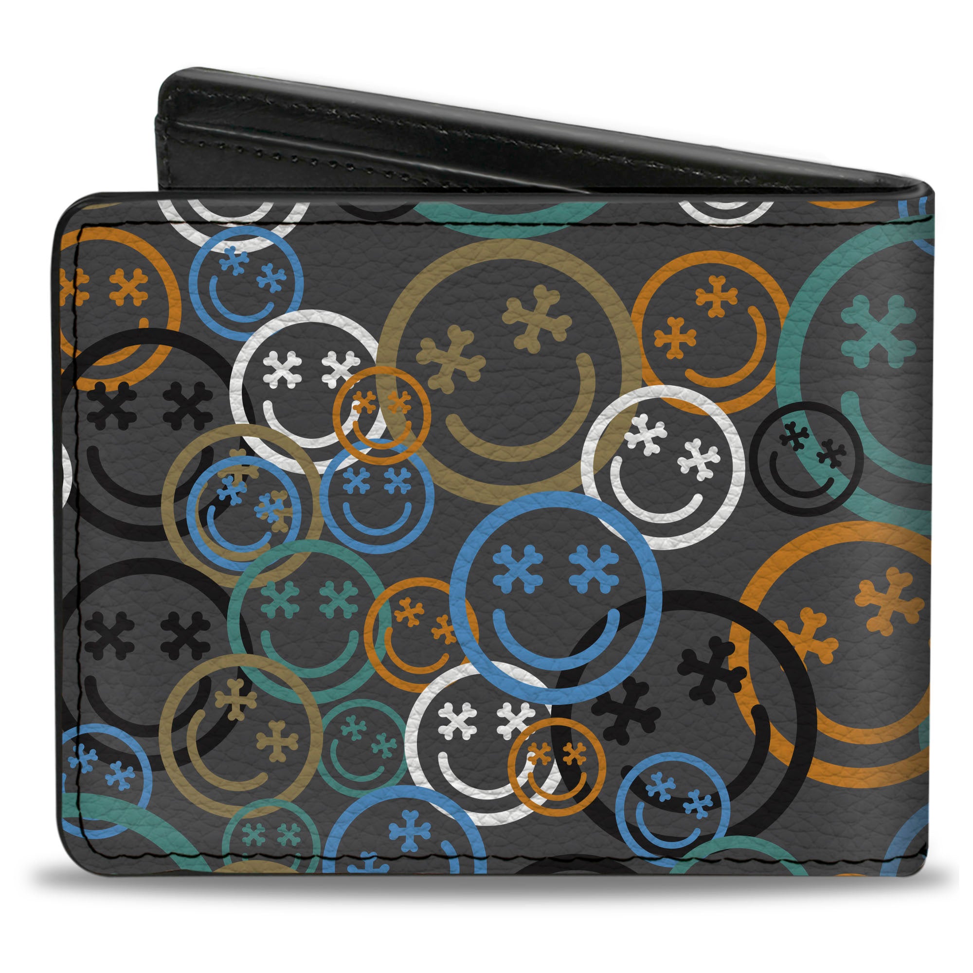 Bi-Fold Wallet - Smiley Face Crossbones Stacked Gray/Multi Color Bi-Fold Wallets Buckle-Down