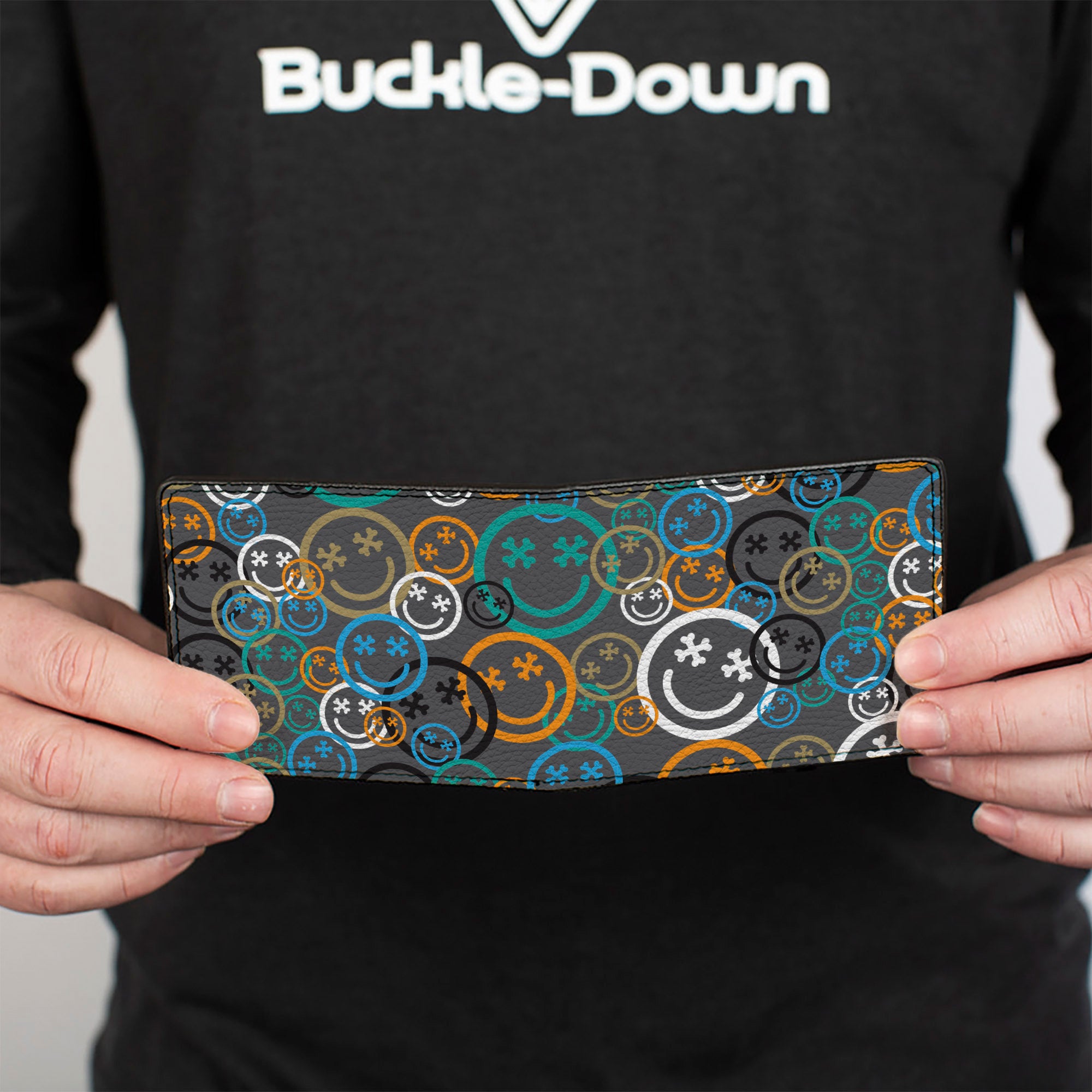 Bi-Fold Wallet - Smiley Face Crossbones Stacked Gray/Multi Color Bi-Fold Wallets Buckle-Down