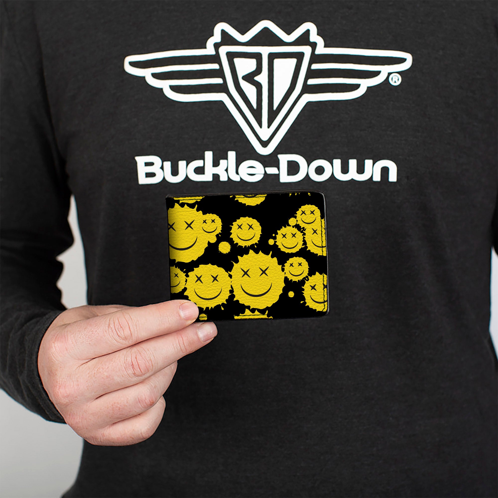 Bi-Fold Wallet - Smiley Face Splatter Scattered Black/Yellow Bi-Fold Wallets Buckle-Down