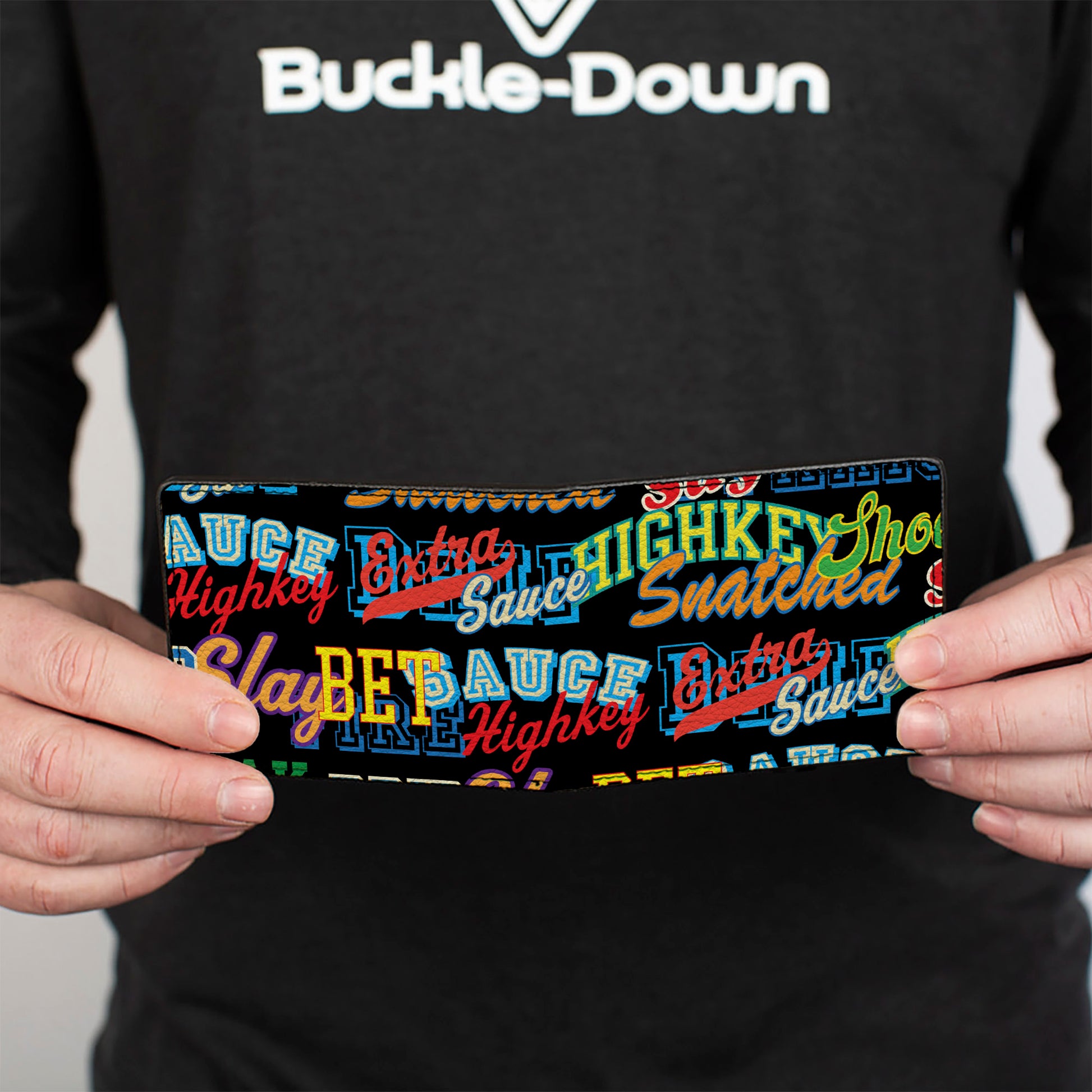 Bi-Fold Wallet - Slang Verbiage Stacked Black/Multi Color Bi-Fold Wallets Buckle-Down