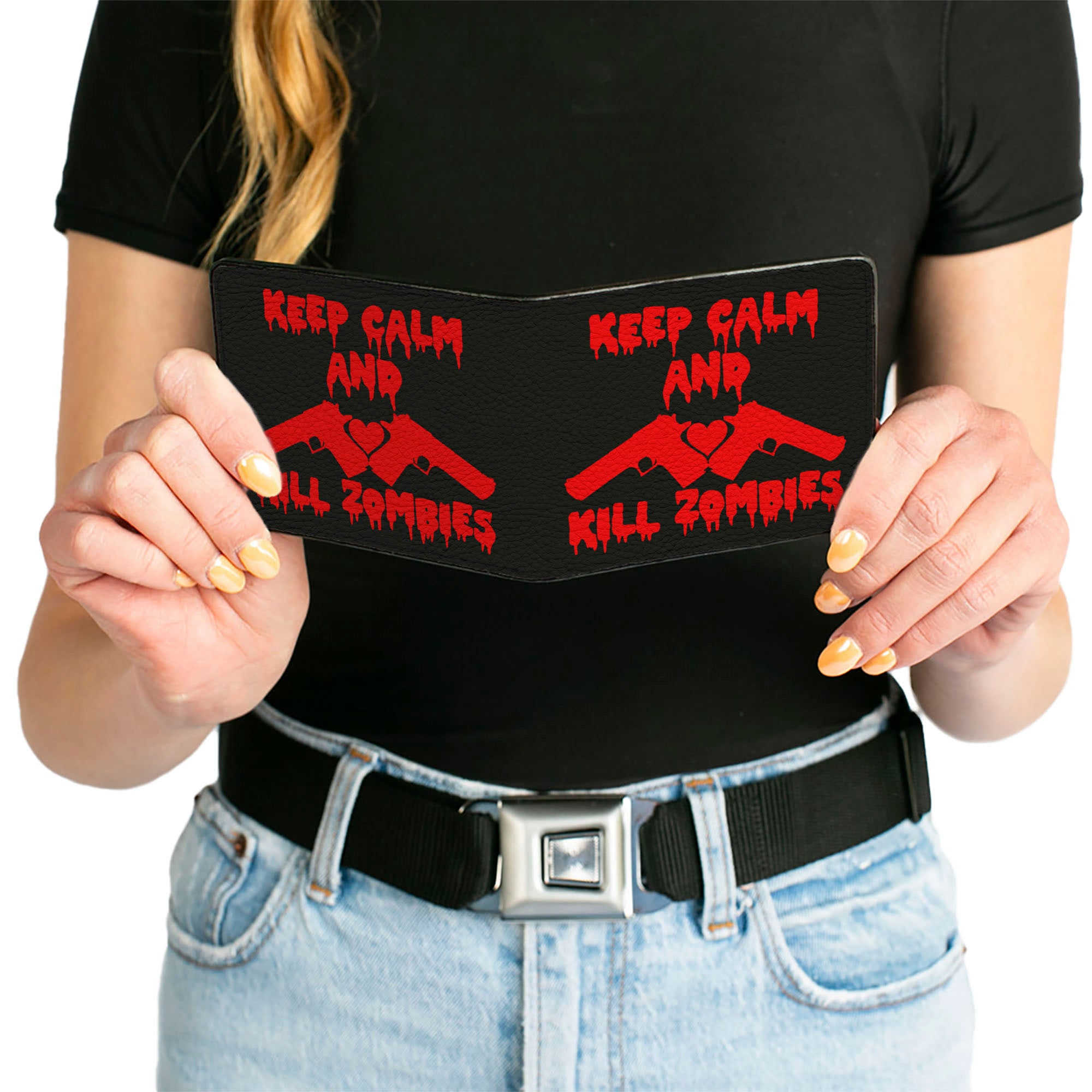 Bi-Fold Wallet - KEEP CALM AND KILL ZOMBIES Guns Heart Black Red Bi-Fold Wallets Buckle-Down