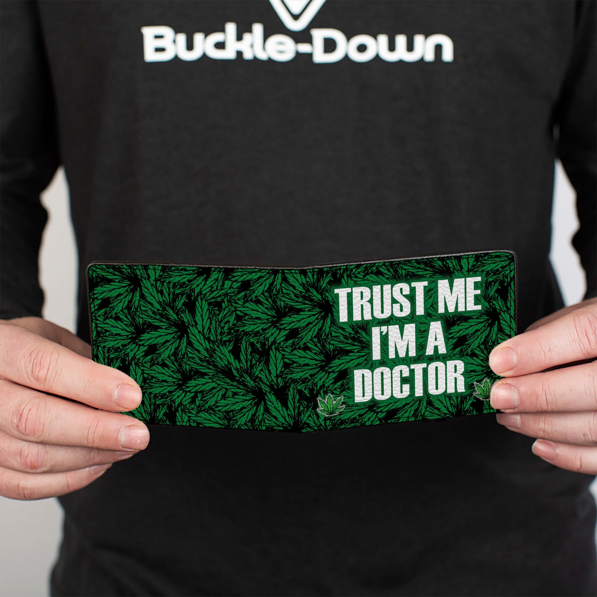 Bi-Fold Wallet - Marijauna Leaves Stacked TRUST ME I'M A DOCTOR Black Green White Bi-Fold Wallets Buckle-Down