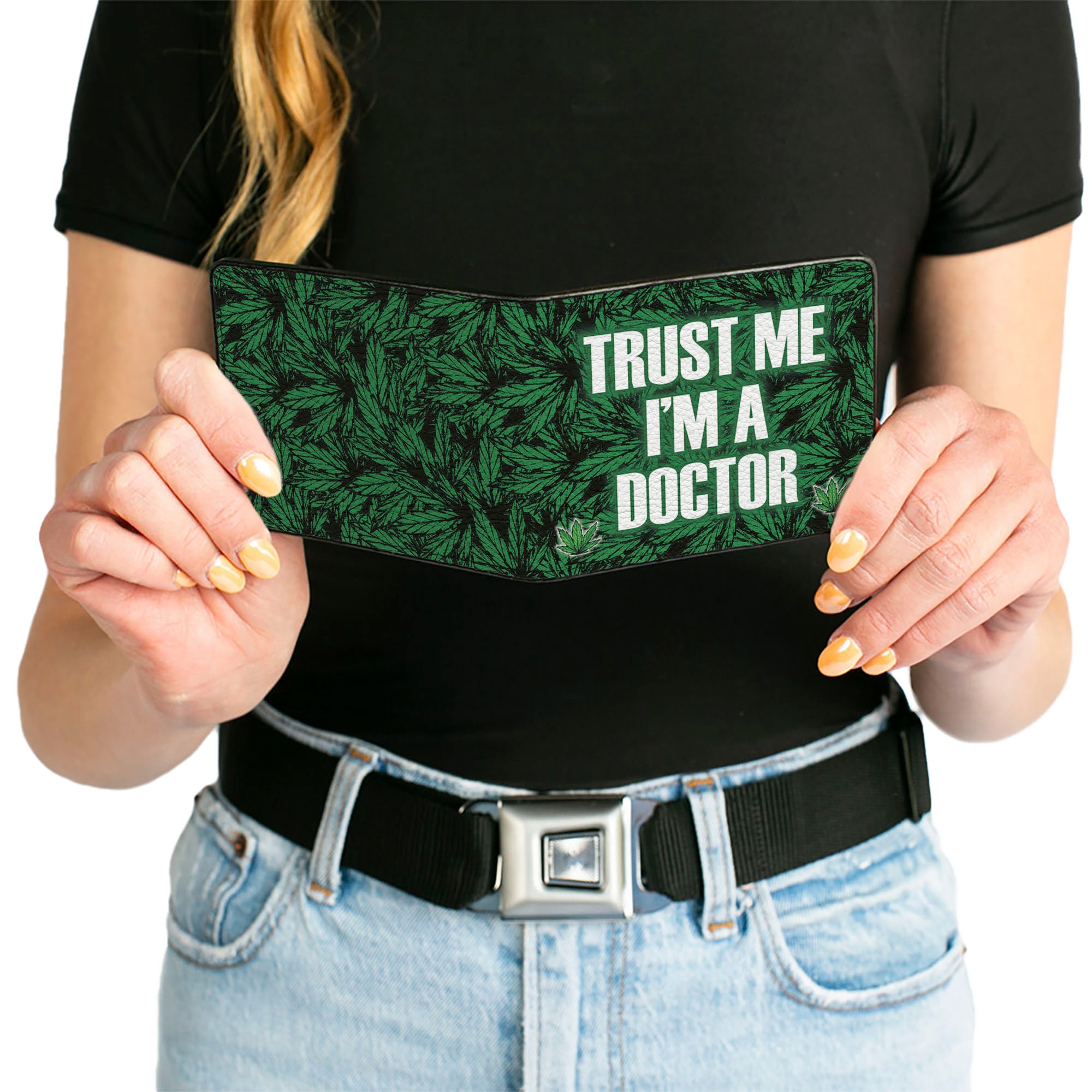 Bi-Fold Wallet - Marijauna Leaves Stacked TRUST ME I'M A DOCTOR Black Green White Bi-Fold Wallets Buckle-Down