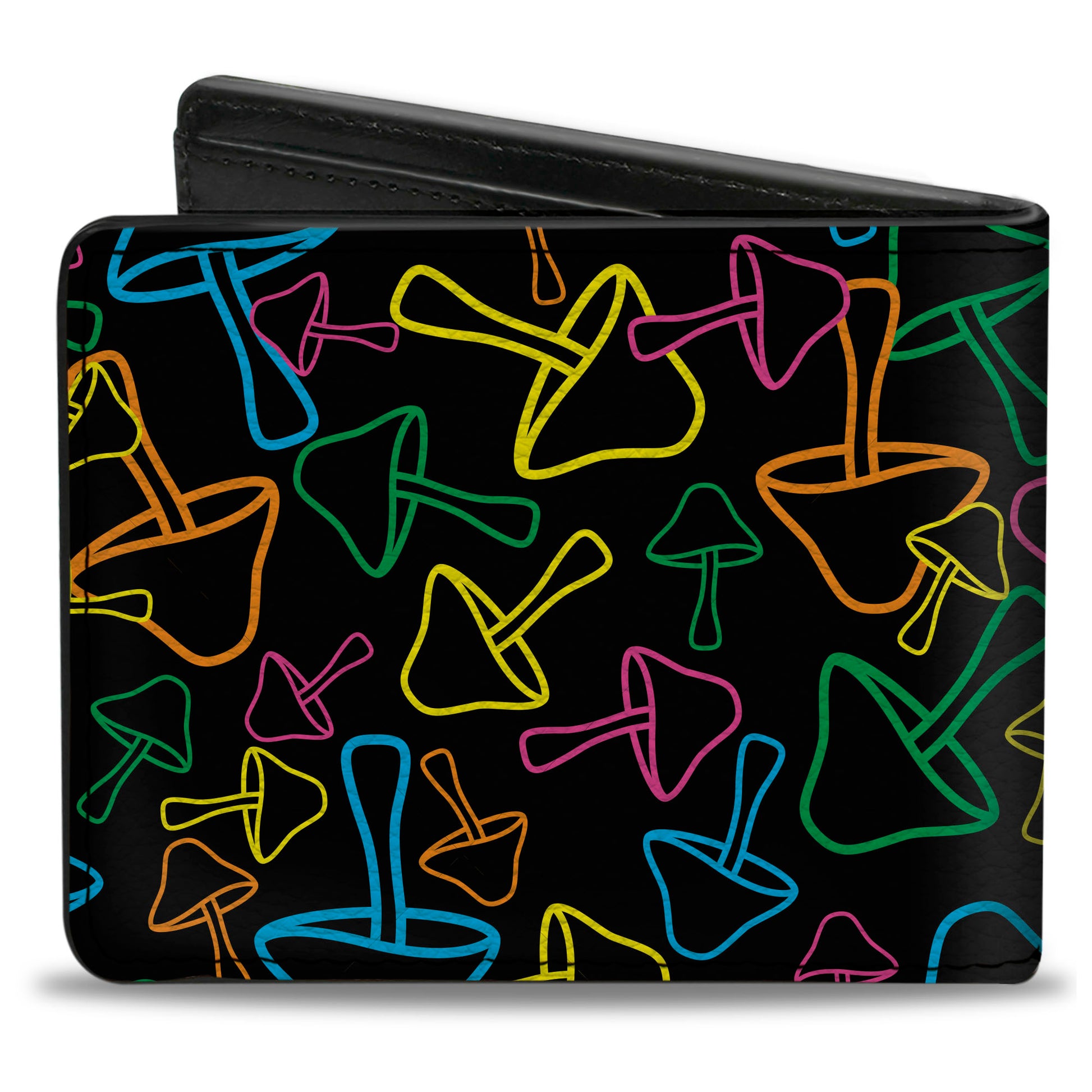 Bi-Fold Wallet - Mushroom Outlines Scattered Black Multi Neon Bi-Fold Wallets Buckle-Down