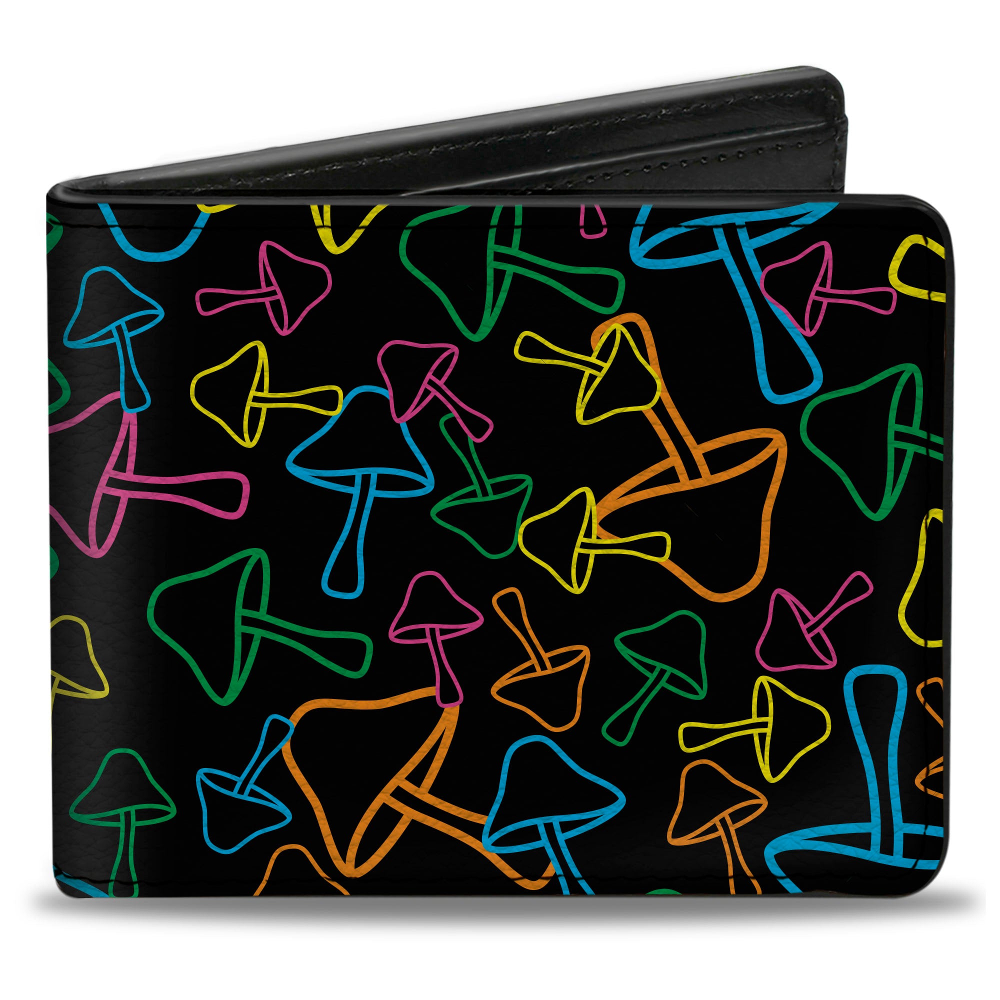 Bi-Fold Wallet - Mushroom Outlines Scattered Black Multi Neon Bi-Fold Wallets Buckle-Down