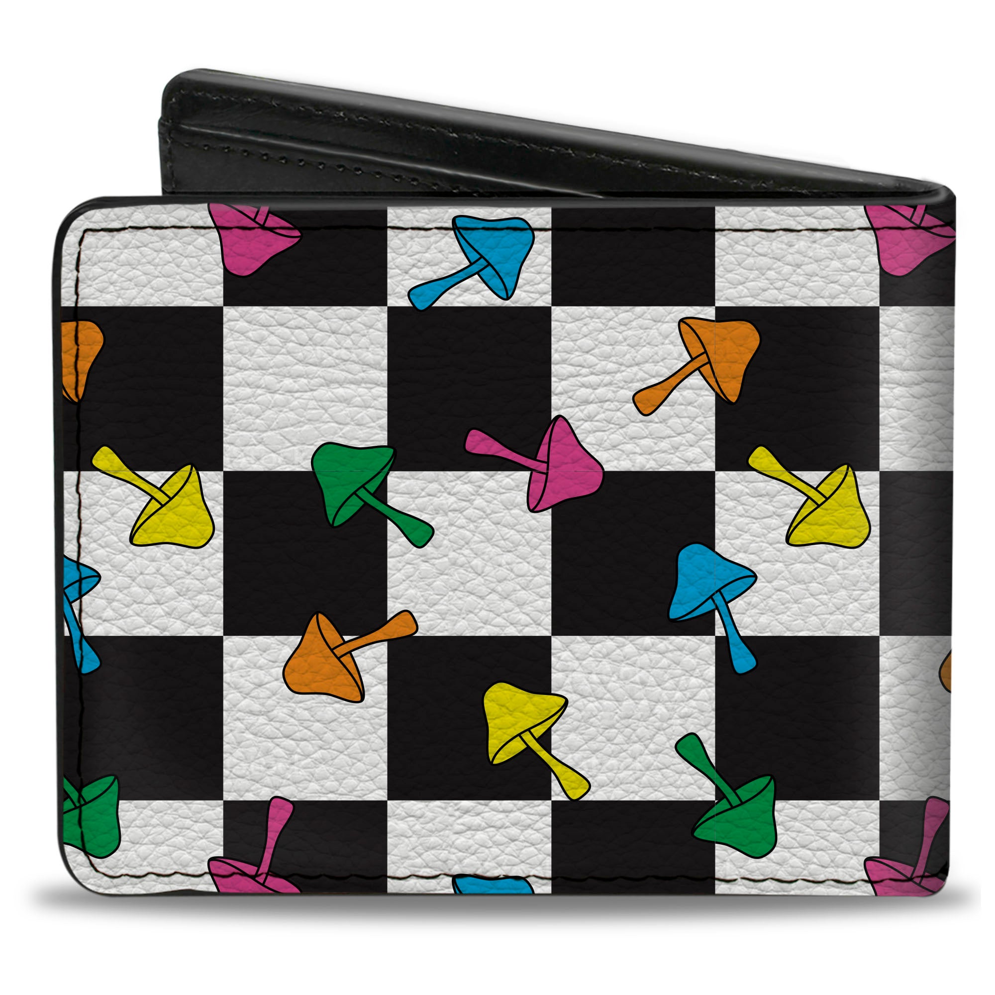 Bi-Fold Wallet - Mushrooms Scattered Checker Black White Multi Neon Bi-Fold Wallets Buckle-Down