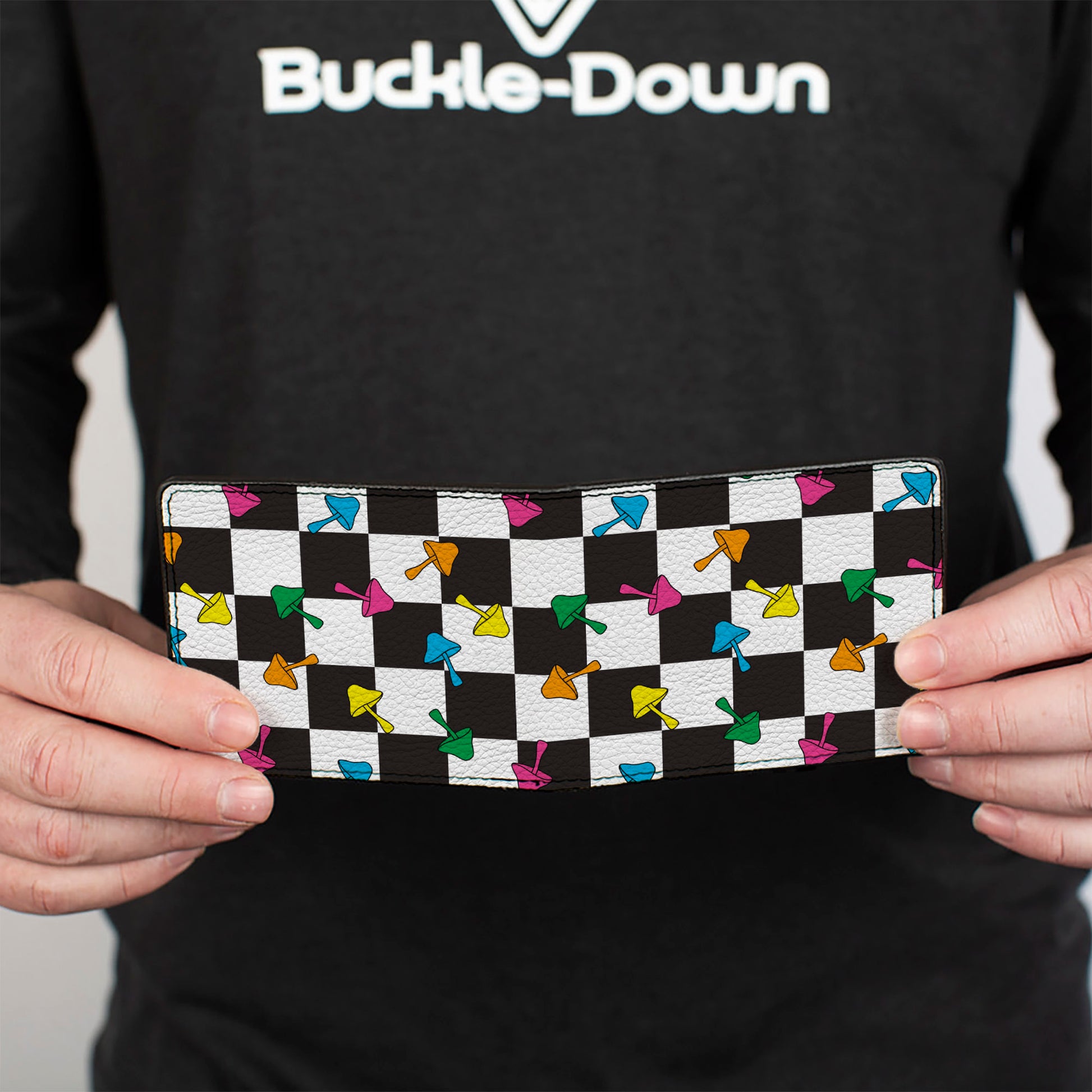 Bi-Fold Wallet - Mushrooms Scattered Checker Black White Multi Neon Bi-Fold Wallets Buckle-Down