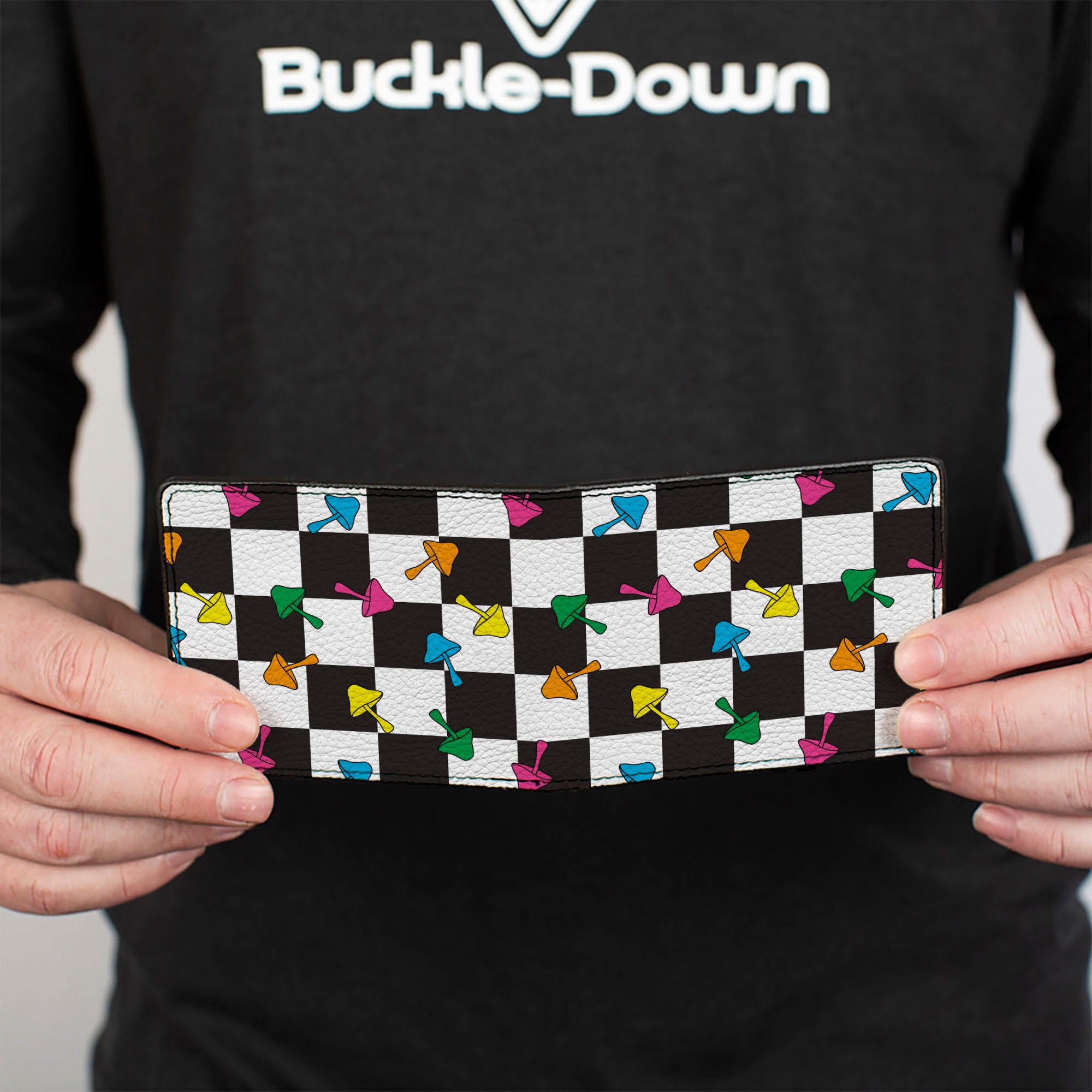 Bi-Fold Wallet - Mushrooms Scattered Checker Black White Multi Neon Bi-Fold Wallets Buckle-Down
