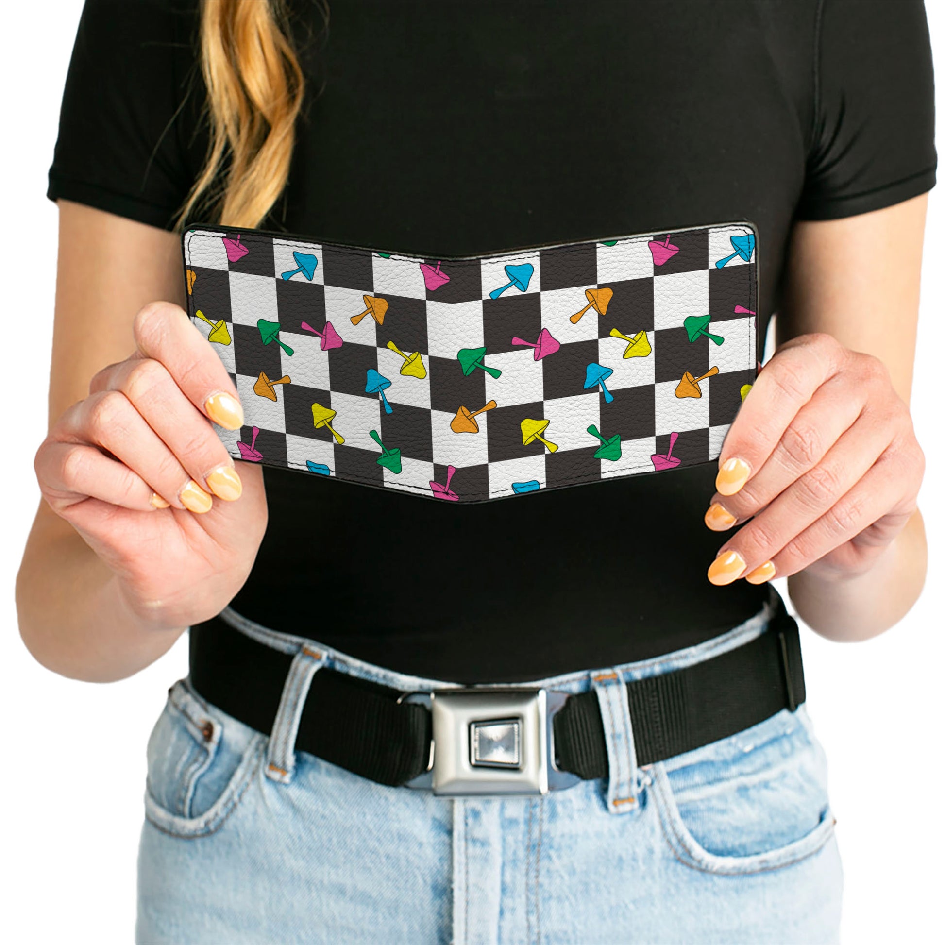 Bi-Fold Wallet - Mushrooms Scattered Checker Black White Multi Neon Bi-Fold Wallets Buckle-Down