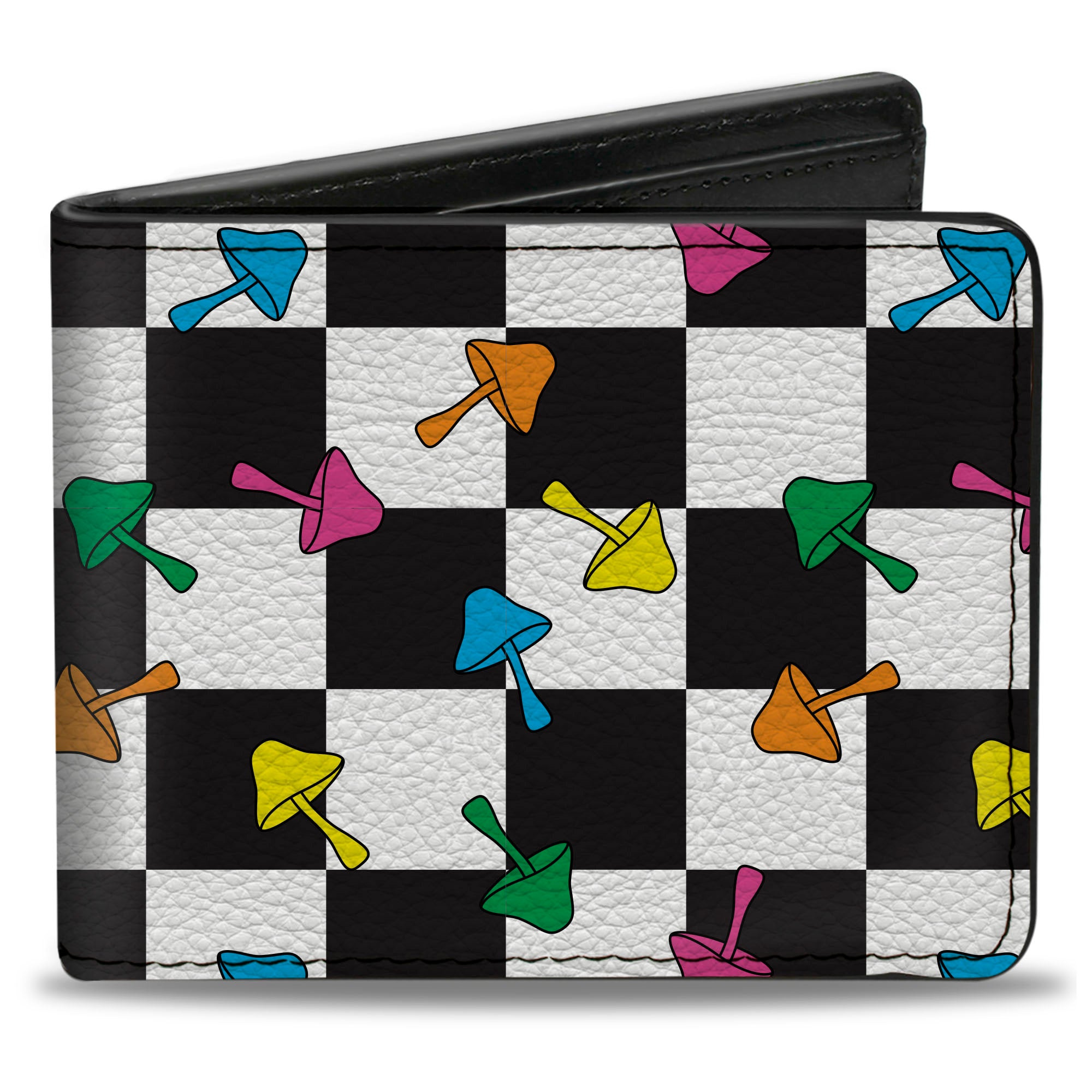 Bi-Fold Wallet - Mushrooms Scattered Checker Black White Multi Neon Bi-Fold Wallets Buckle-Down