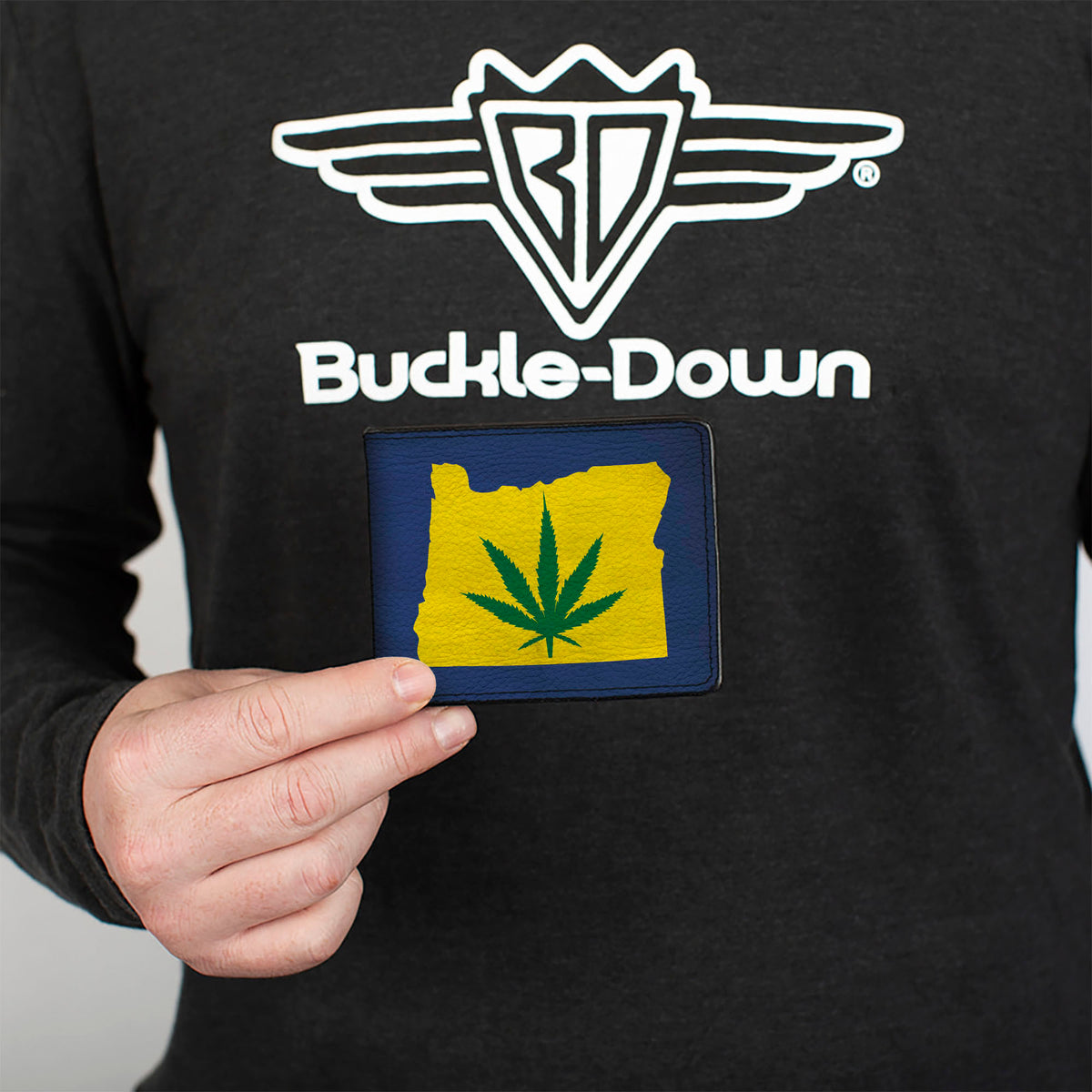 Bi-Fold Wallet - Oregon State Silhouette/Marijuana Leaf Weathered Blue/Yellow/Green Bi-Fold Wallets Buckle-Down
