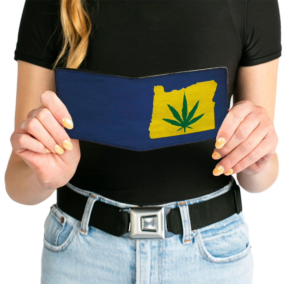 Bi-Fold Wallet - Oregon State Silhouette/Marijuana Leaf Weathered Blue/Yellow/Green Bi-Fold Wallets Buckle-Down