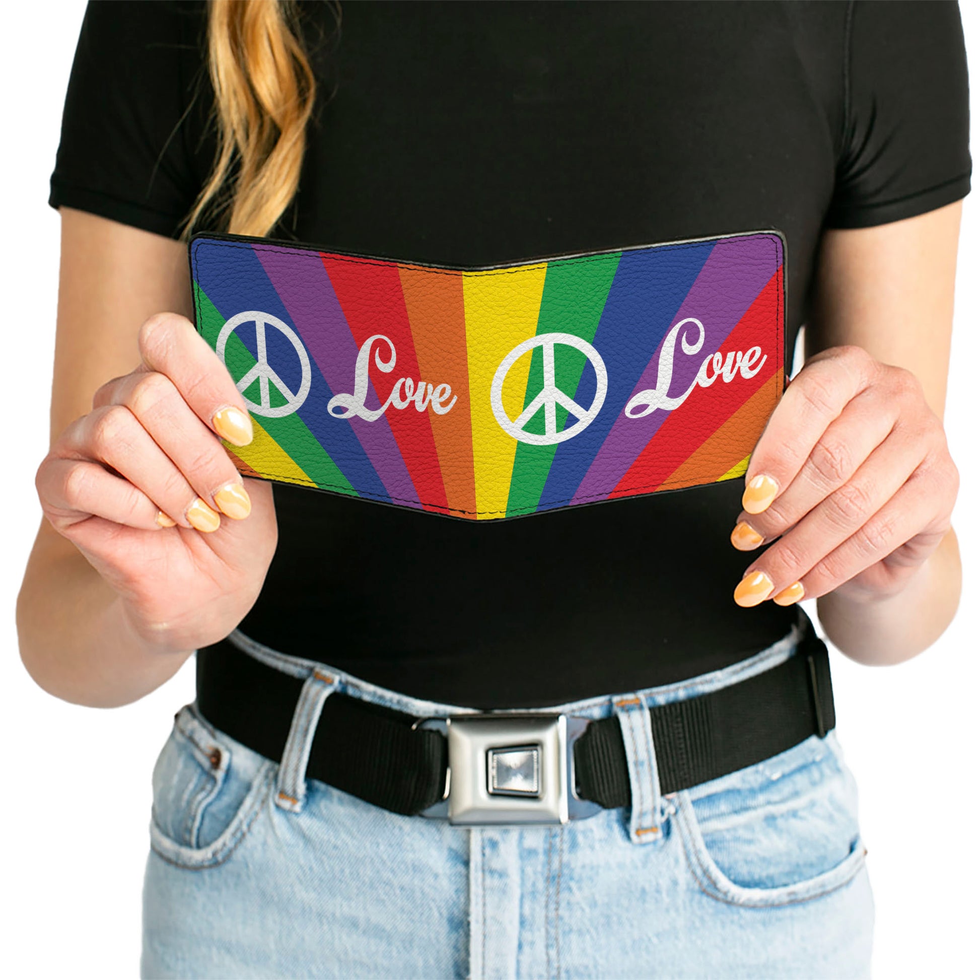 Bi-Fold Wallet - PEACE and LOVE Rainbow Rays Multi Color White Bi-Fold Wallets Buckle-Down