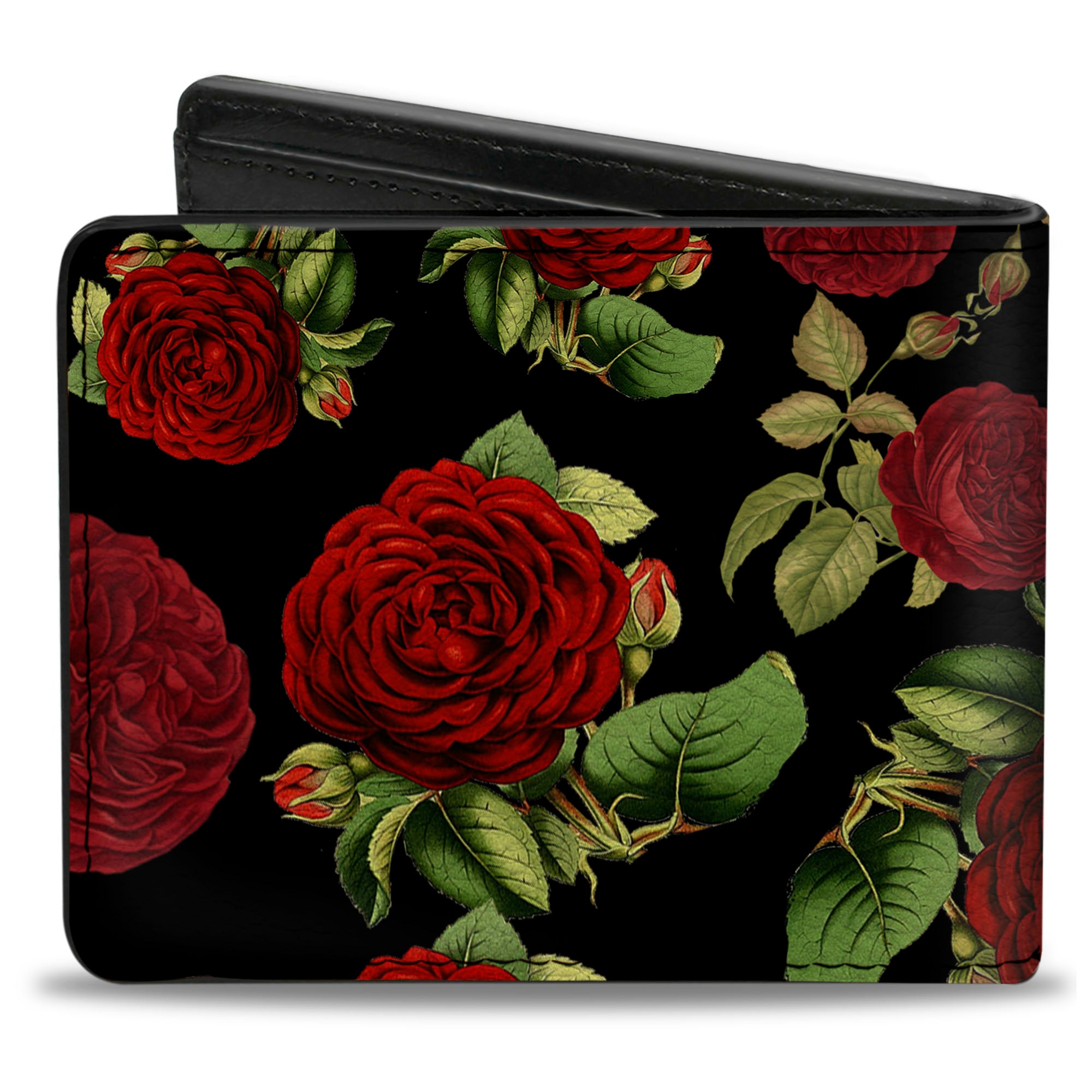 Bi-Fold Wallet - Red Rose Blooms Buds Black Greens Reds Bi-Fold Wallets Buckle-Down