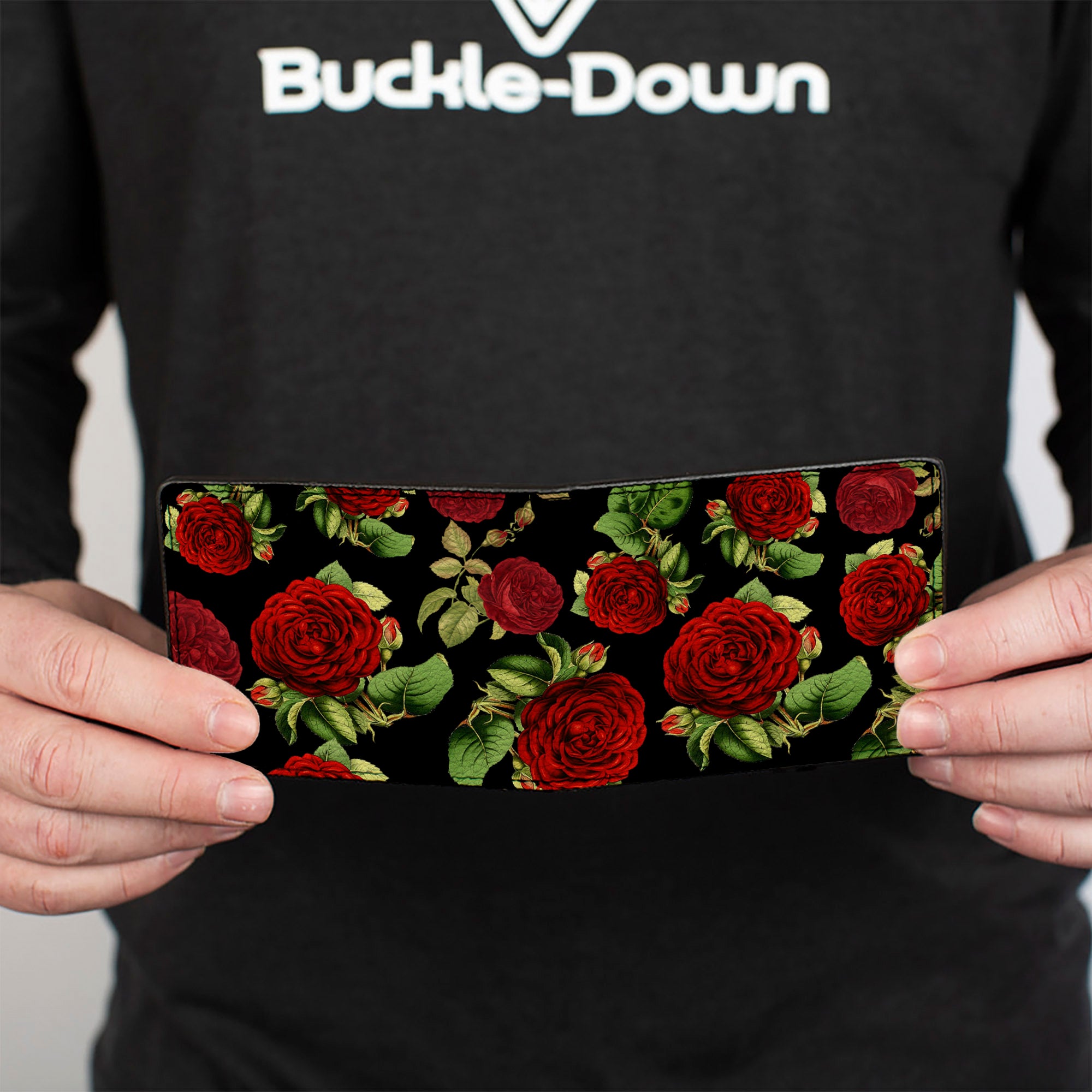 Bi-Fold Wallet - Red Rose Blooms Buds Black Greens Reds Bi-Fold Wallets Buckle-Down