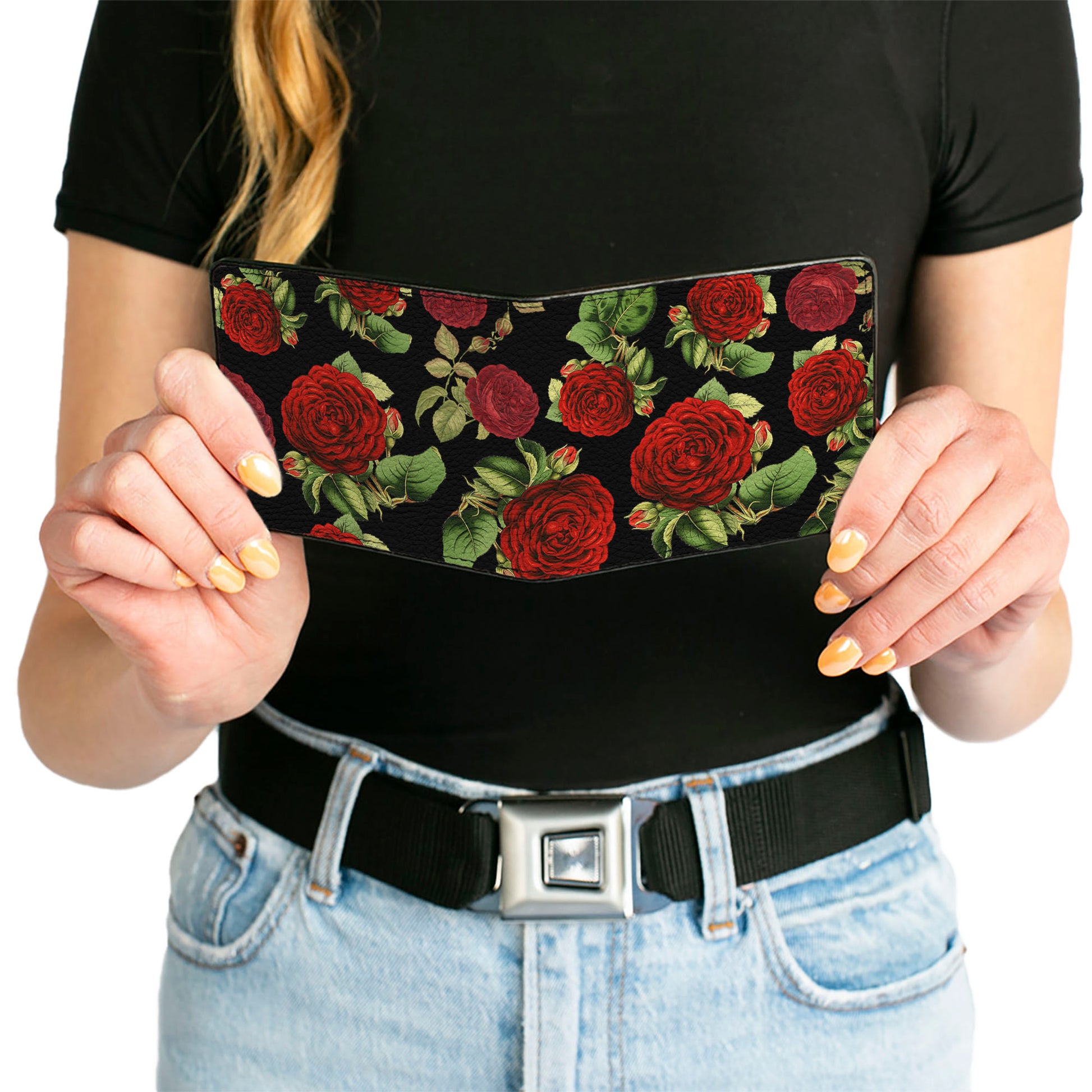 Bi-Fold Wallet - Red Rose Blooms Buds Black Greens Reds Bi-Fold Wallets Buckle-Down