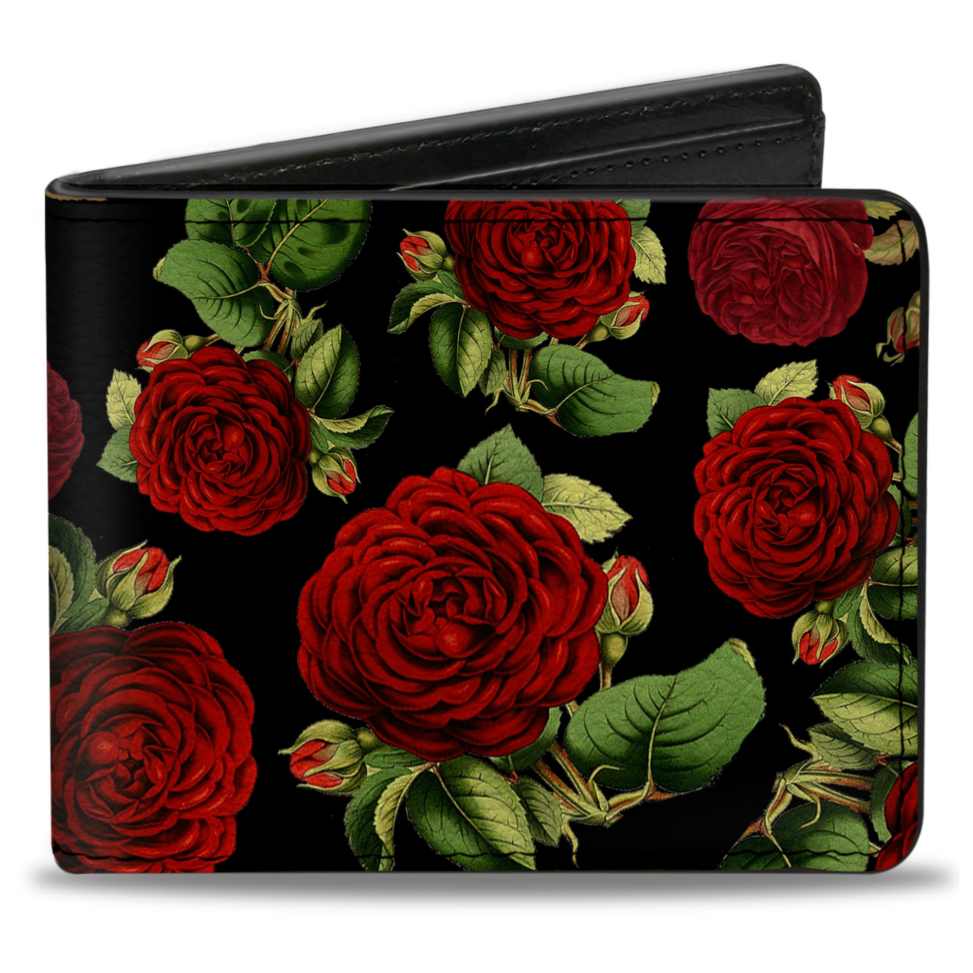 Bi-Fold Wallet - Red Rose Blooms Buds Black Greens Reds Bi-Fold Wallets Buckle-Down