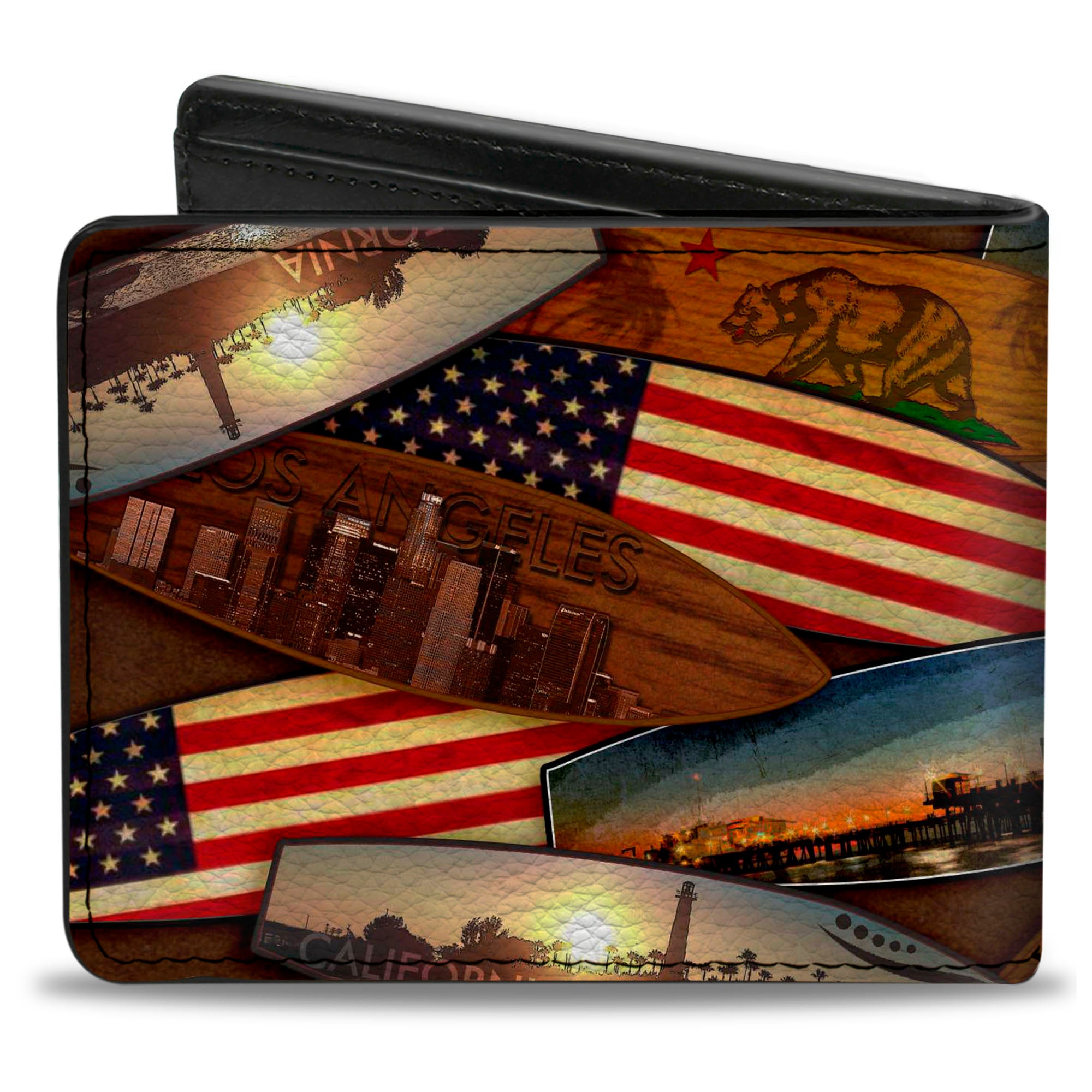 Bi-Fold Wallet - Surfboards Cali Scenes US Flag Stacked Brown3 Bi-Fold Wallets Buckle-Down
