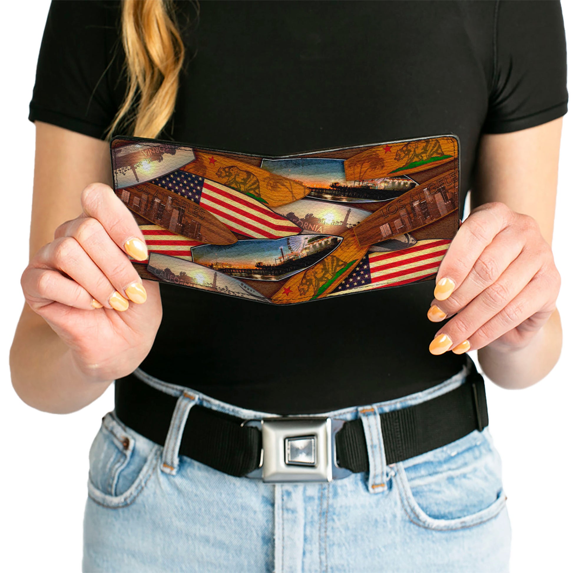 Bi-Fold Wallet - Surfboards Cali Scenes US Flag Stacked Brown3 Bi-Fold Wallets Buckle-Down