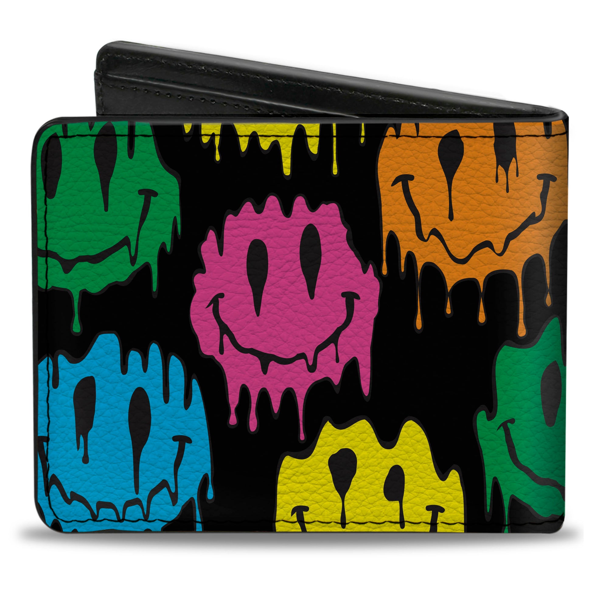 Bi-Fold Wallet - Smiley Face Melted Repeat Black Multi Neon Bi-Fold Wallets Buckle-Down