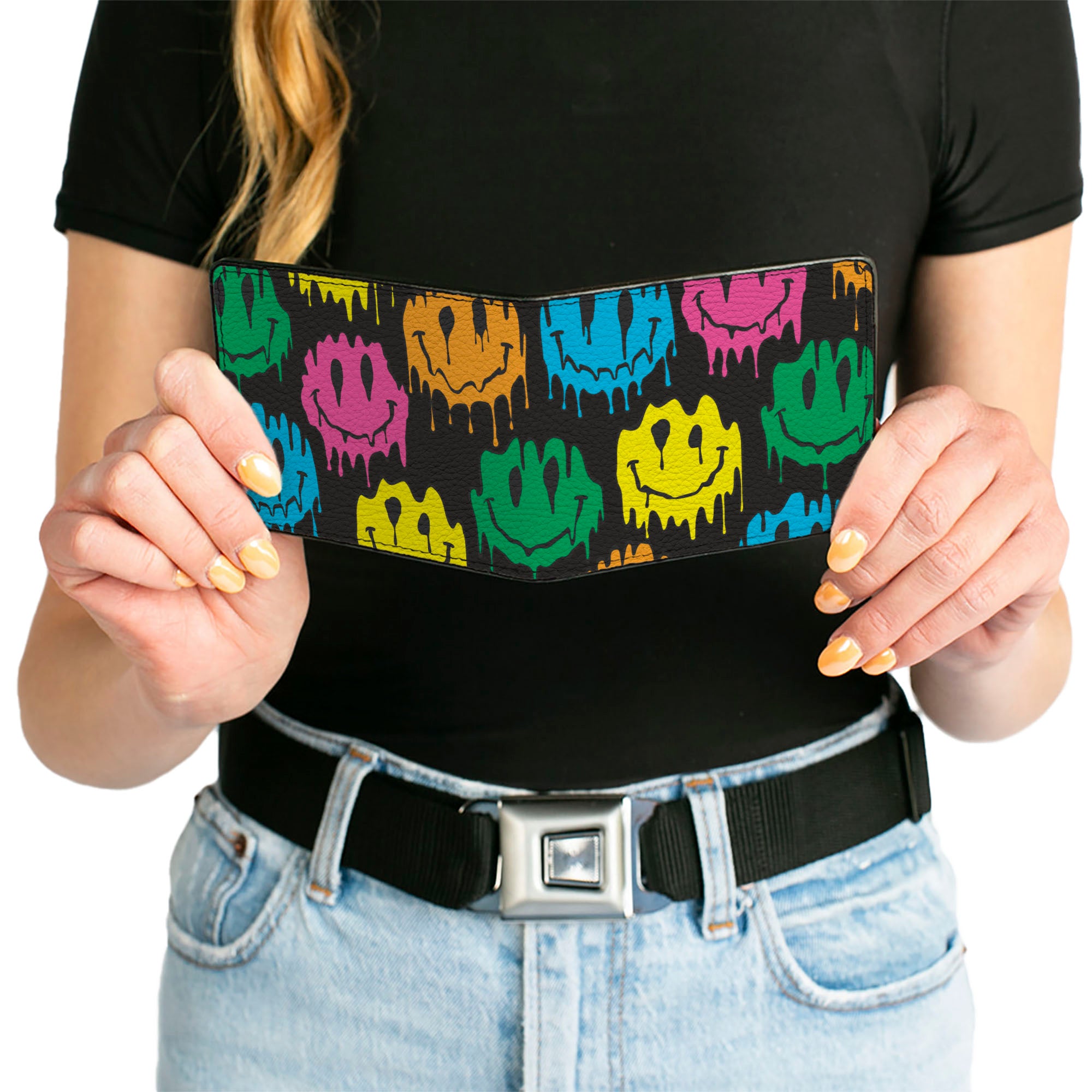 Bi-Fold Wallet - Smiley Face Melted Repeat Black Multi Neon Bi-Fold Wallets Buckle-Down