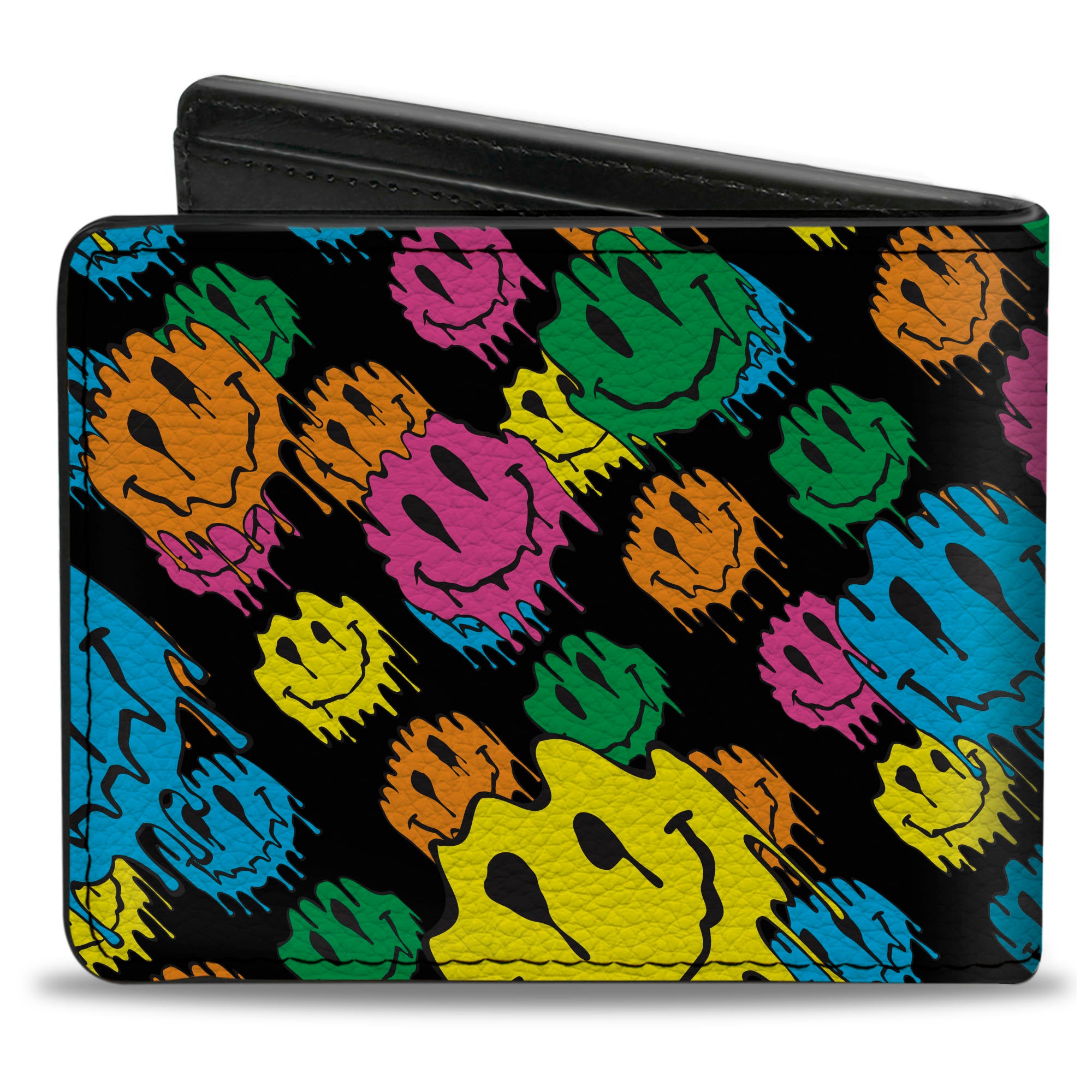 Bi-Fold Wallet - Smiley Faces Melted Stacked Black Multi Neon Bi-Fold Wallets Buckle-Down