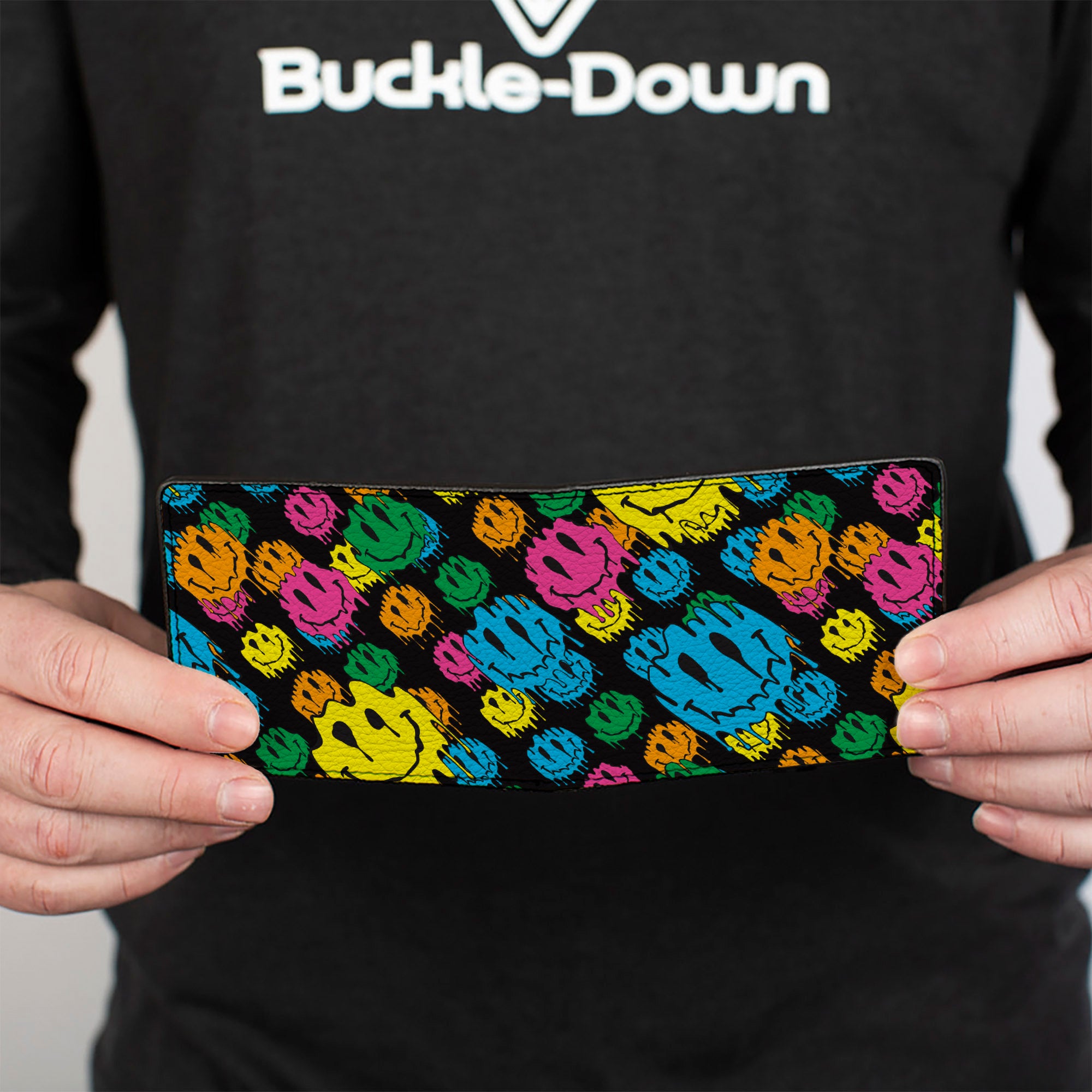Bi-Fold Wallet - Smiley Faces Melted Stacked Black Multi Neon Bi-Fold Wallets Buckle-Down