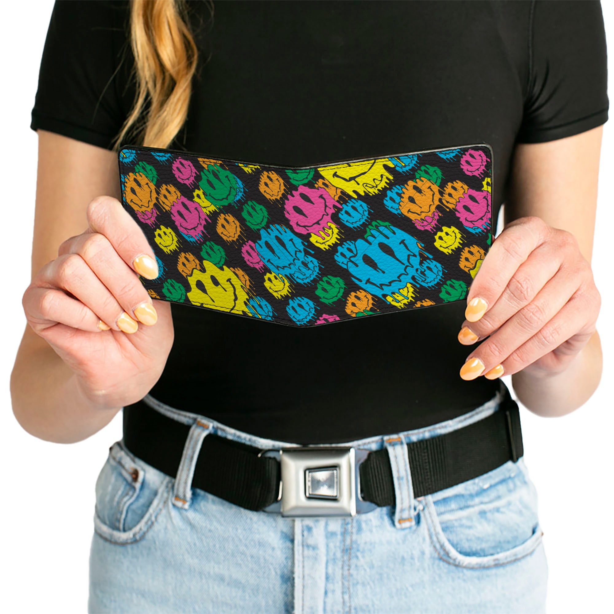 Bi-Fold Wallet - Smiley Faces Melted Stacked Black Multi Neon Bi-Fold Wallets Buckle-Down