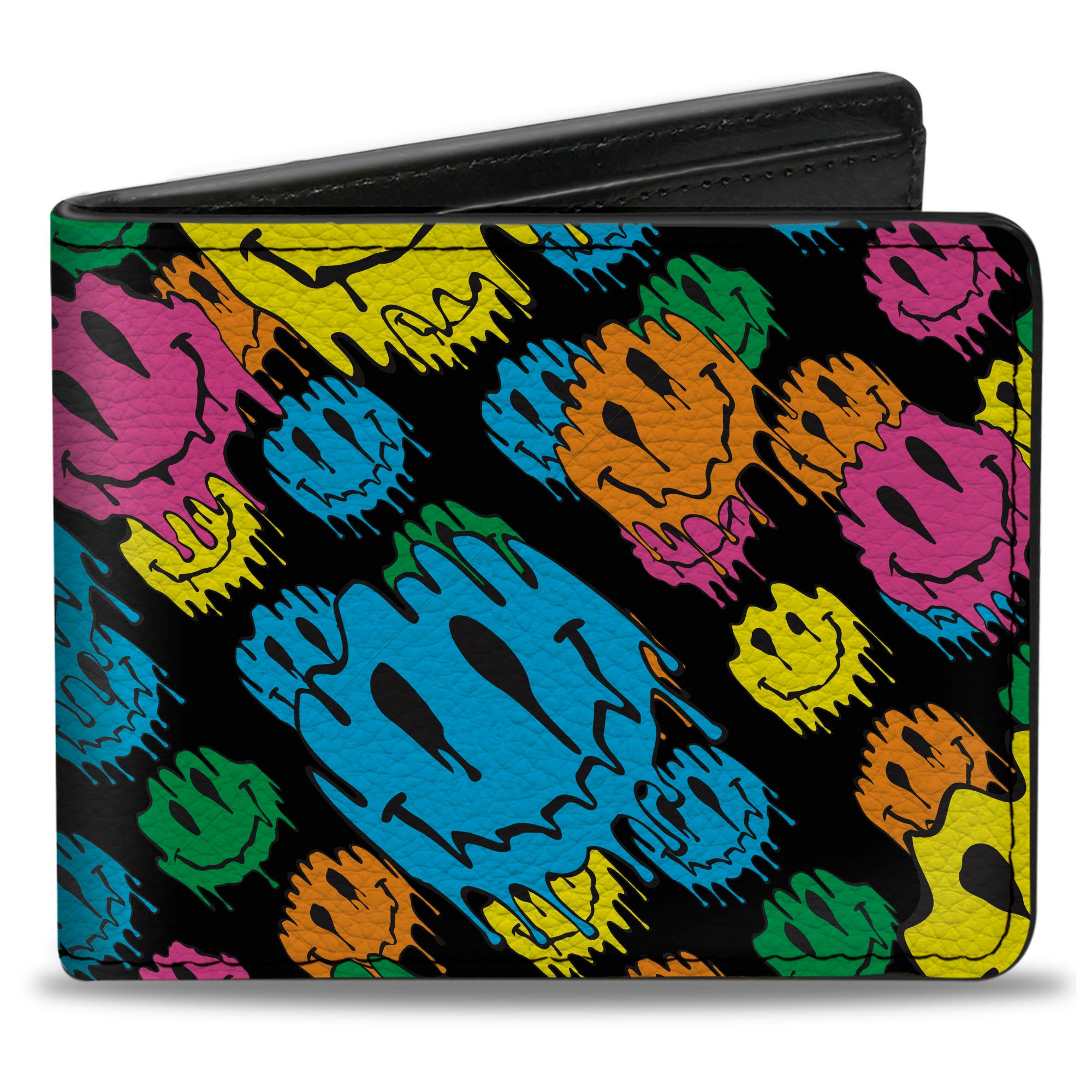 Bi-Fold Wallet - Smiley Faces Melted Stacked Black Multi Neon Bi-Fold Wallets Buckle-Down